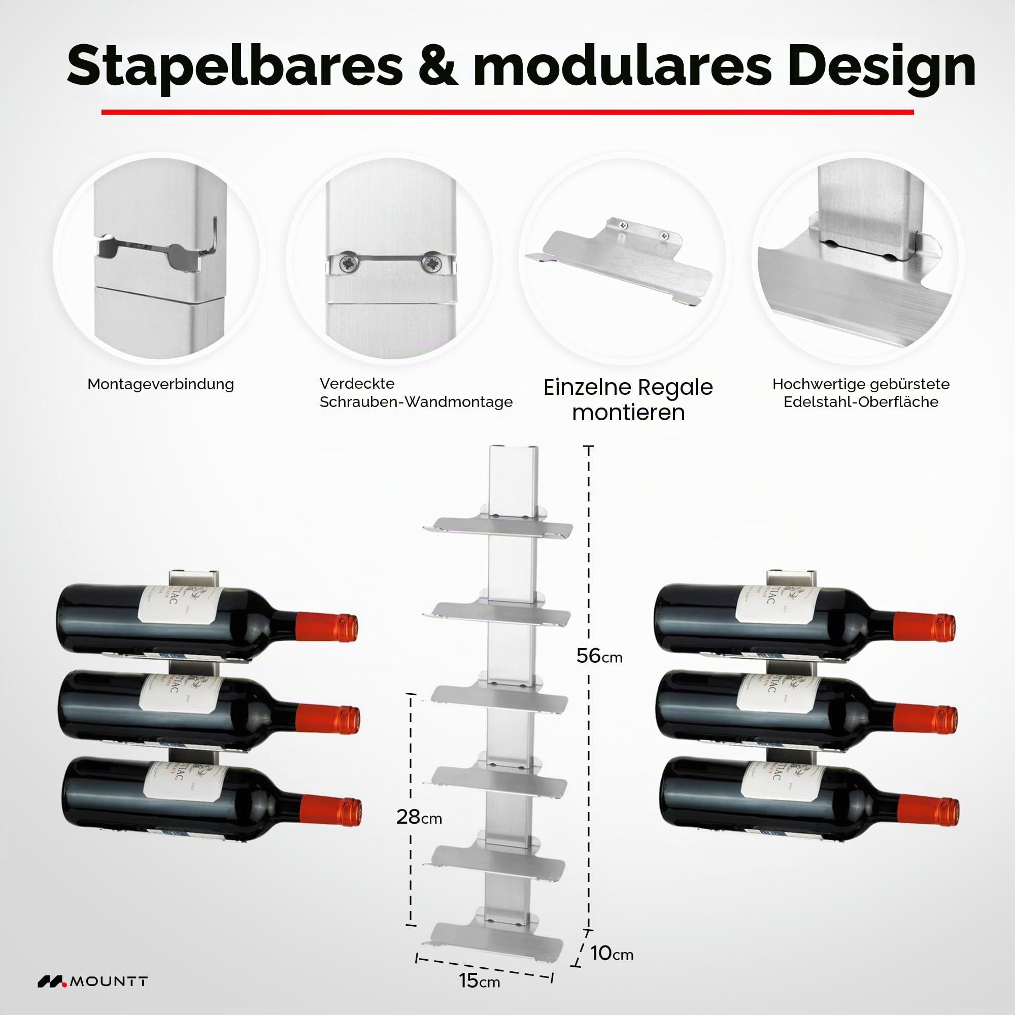 Weinregal aus Edelstahl zur Wandmontage – Aufbewahrungslösung für 6 Flaschen mit abnehmbarem Design und modernem schwebendem Design – stabiler, vielseitiger Weinflaschenhalter für Küche, Bar