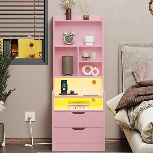 ADORNEVE Tall Night Stand with Charging Station and LED Lights,Nightstand with Bookshelf,Bedside Table with Drawers & Power Outlets,End Side Table for Bedrooms,Pink - 1PC - Pink
