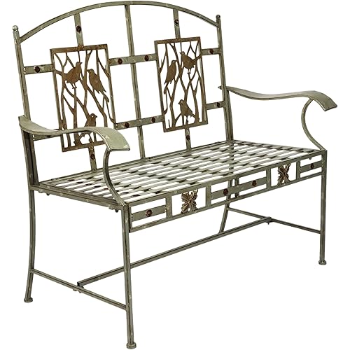 Alpine Corporation 45" Long Outdoor Rustic Metal Bench with Birds on Branches Pattern, Garden Furnitures- Gray