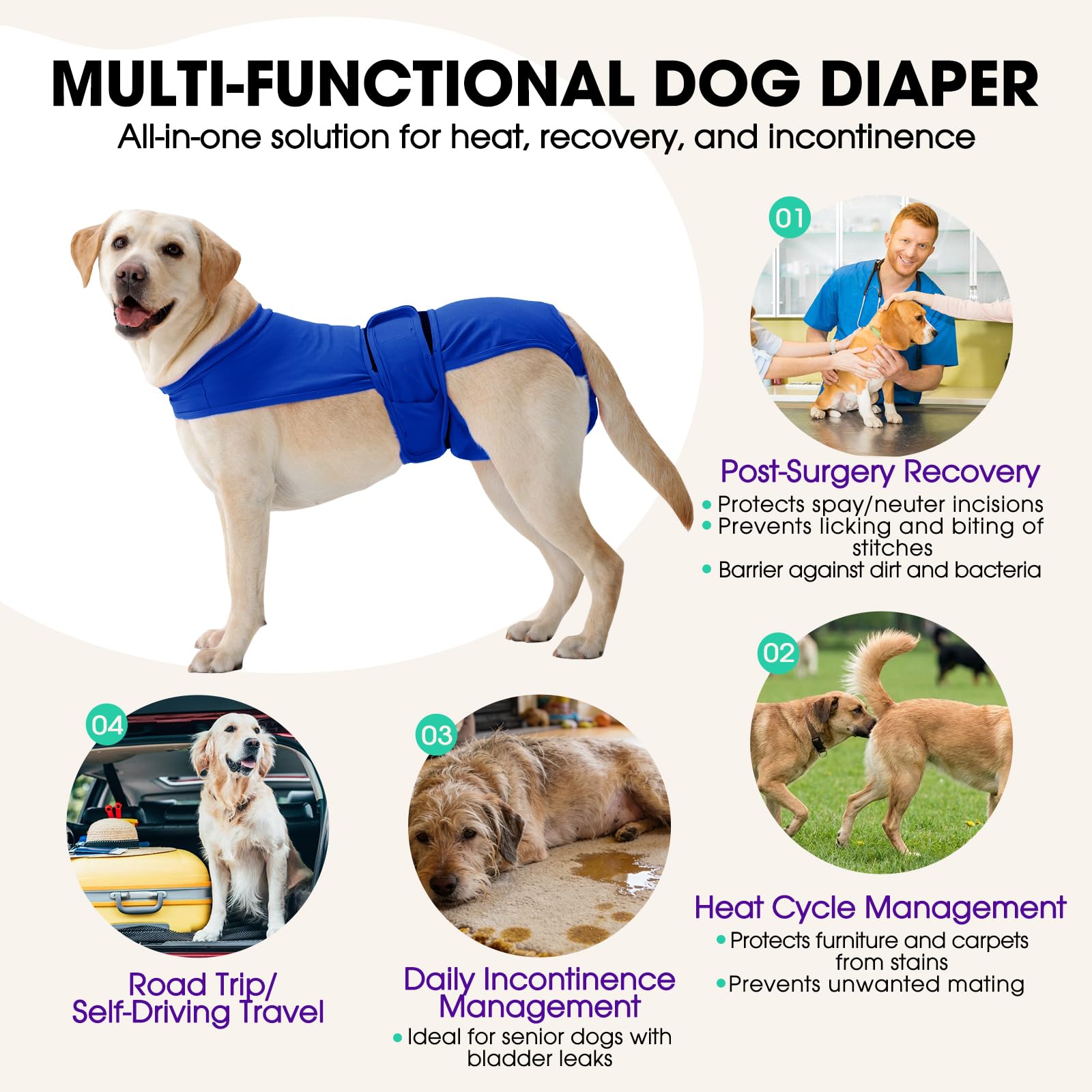 Hundewindeln für Hündinnen, waschbar, wiederverwendbar, auslaufsicher, für Wärmezyklus, Inkontinenz und Welpentraining, verstellbare Bauchbänder, Blau, Größe 3XL