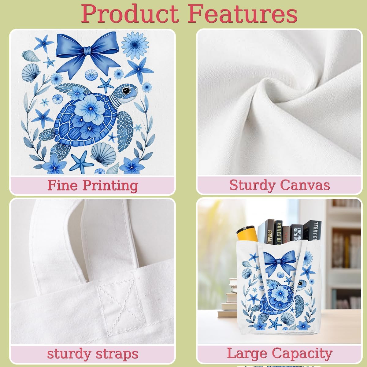 Floral Turtle Stuff Sea Turtle Gifts for Women Canvas Tote Bag Beach Bag Grocery Bags for Shopping Christmas - Image 5