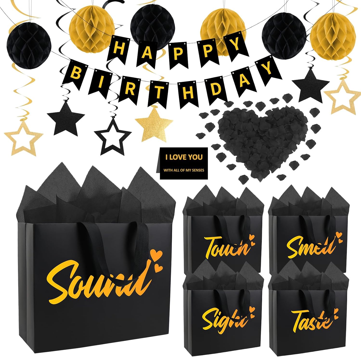 LARDUX 5 Senses Gift Bags for Him With Labels, Five Senses Gift Bags with Tissue Paper, Rose Petals and Happy Birthday Banner, Stars Hanging Swirl for Birthday Party Decorations( Black Gold)