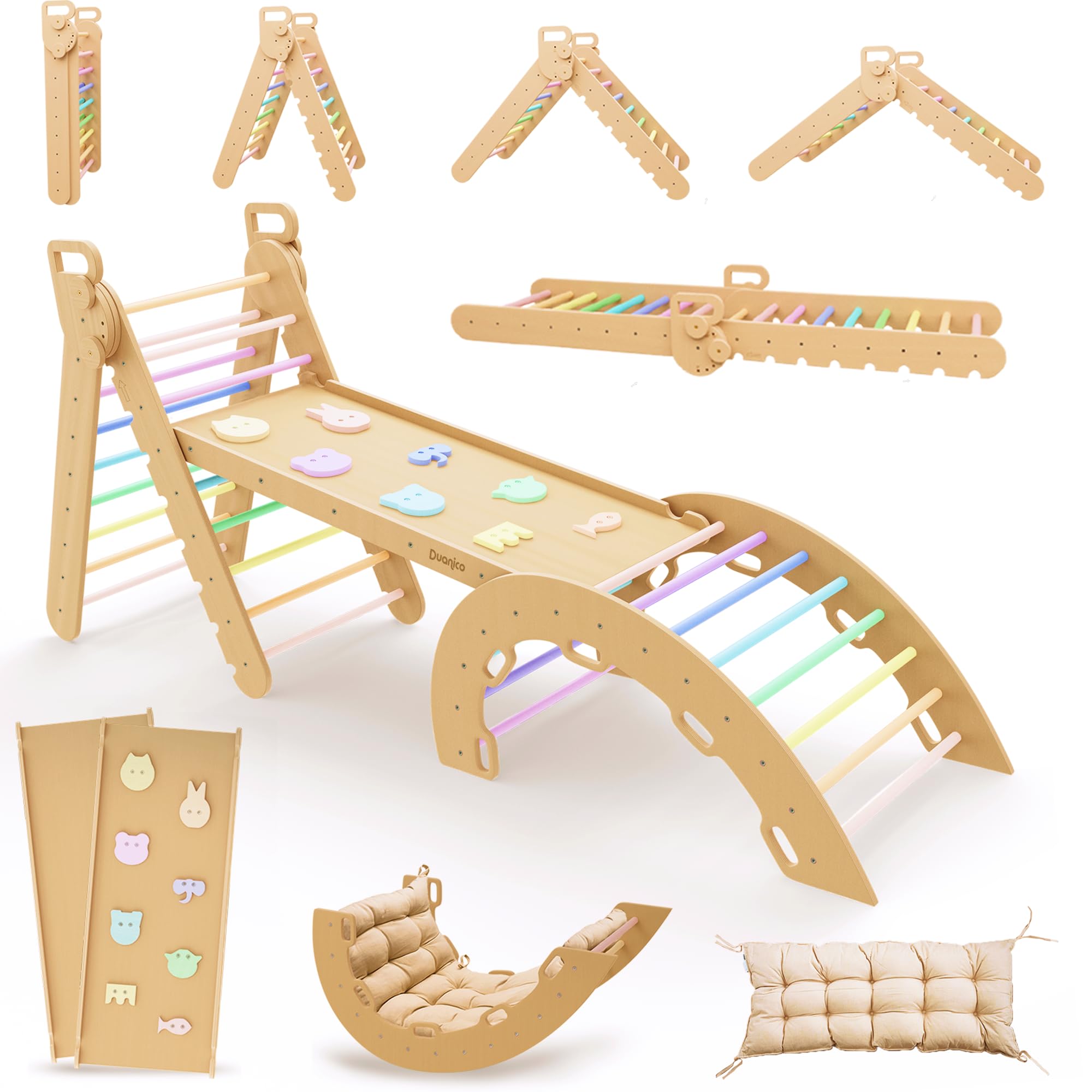 Giocattoli per bambini Montessori, set da arrampicata Montessori 5 in 1: scalatore triangolare, arco da arrampicata, dondolo, rampa con scivolo, rete da arrampicata - Regali di compleanno - Italia