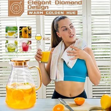 Glass Pitcher, 2.2 Liter Water Pitcher With Lid | Iced Tea Pitcher for Fridge,Carafe With Lid, Glass Water Jug For Juice, Milk, Cold Or Hot Beverages, 2 Quart