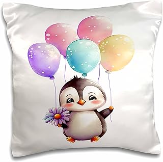 3dRose Cute Baby Penguin Holding Balloons with A Purple Flower... - Pillow Cases (pc-378059-1)