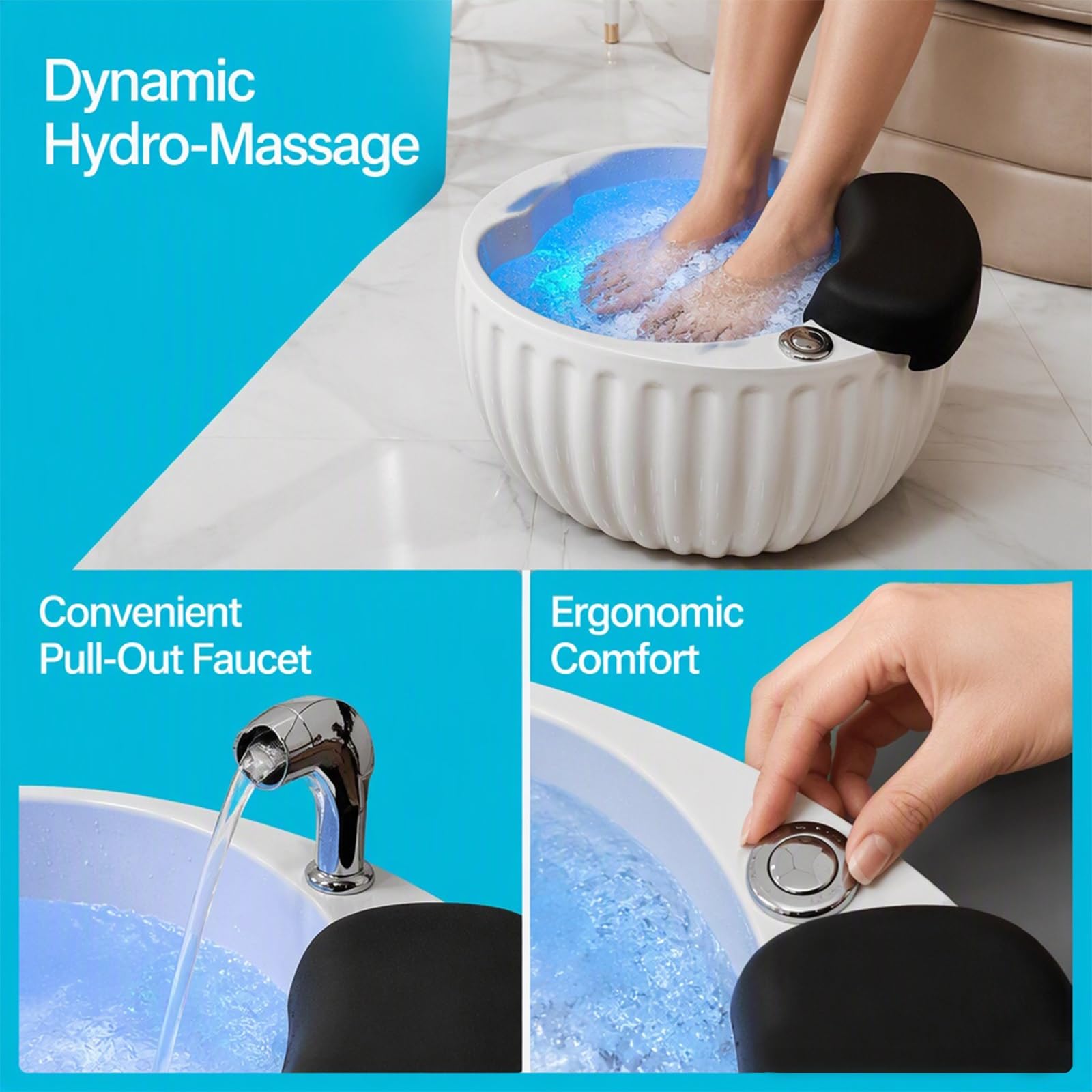 Vasca Idromassaggio Pedicure Pediluvio,Guscio Acrilico A Coste 24,8 Pollici | Cromoterapia A LED Integrata, Poggiapiedi Ergonomico In PU, Speciale Pediluvi Dell'hotel