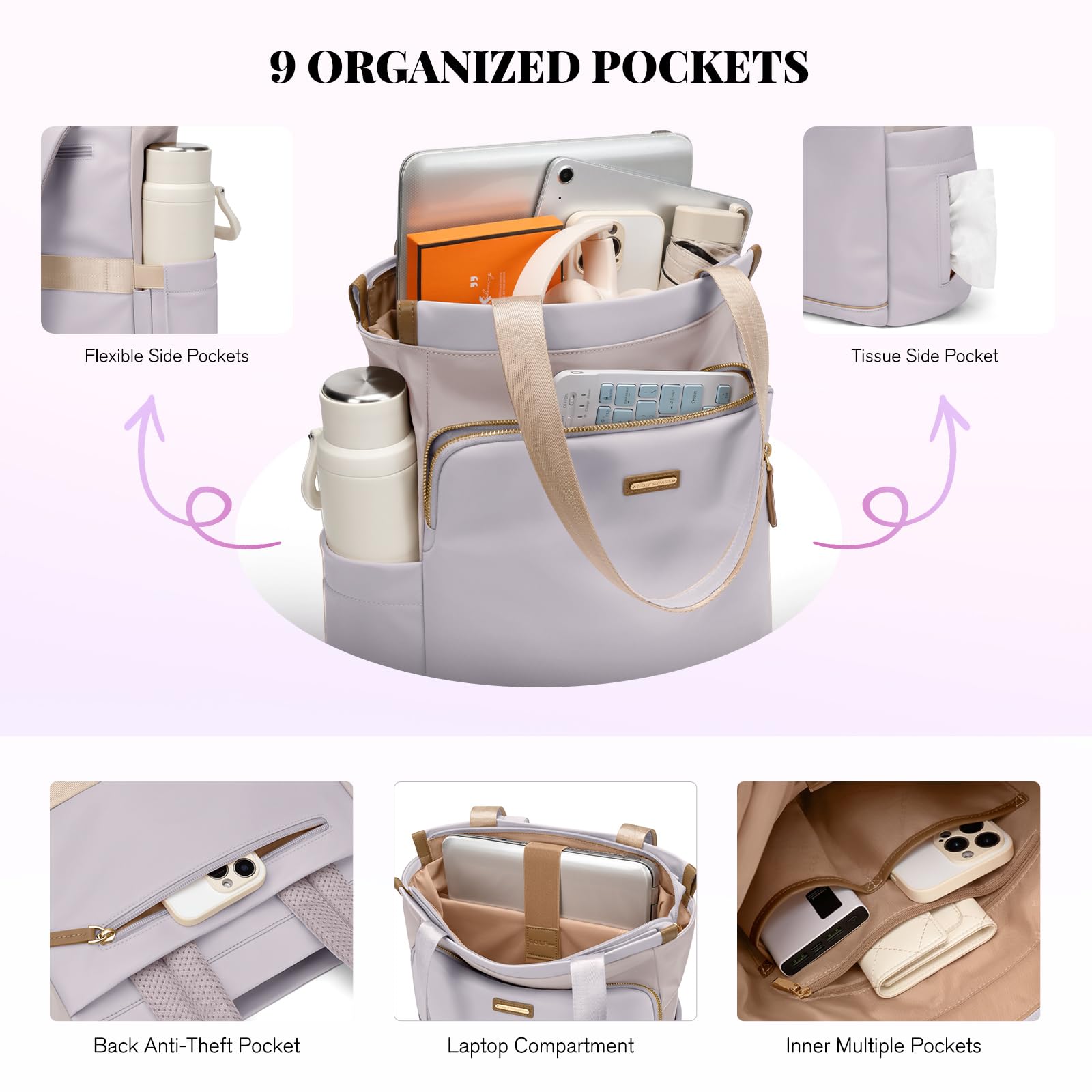 GOLF SUPAGS Mochila Convertible para Portátil de Mujer Bolsa de Viaje Informal para Portátil de Trabajo Universidad Ocio Viaje(Taro Morado & Blanco)