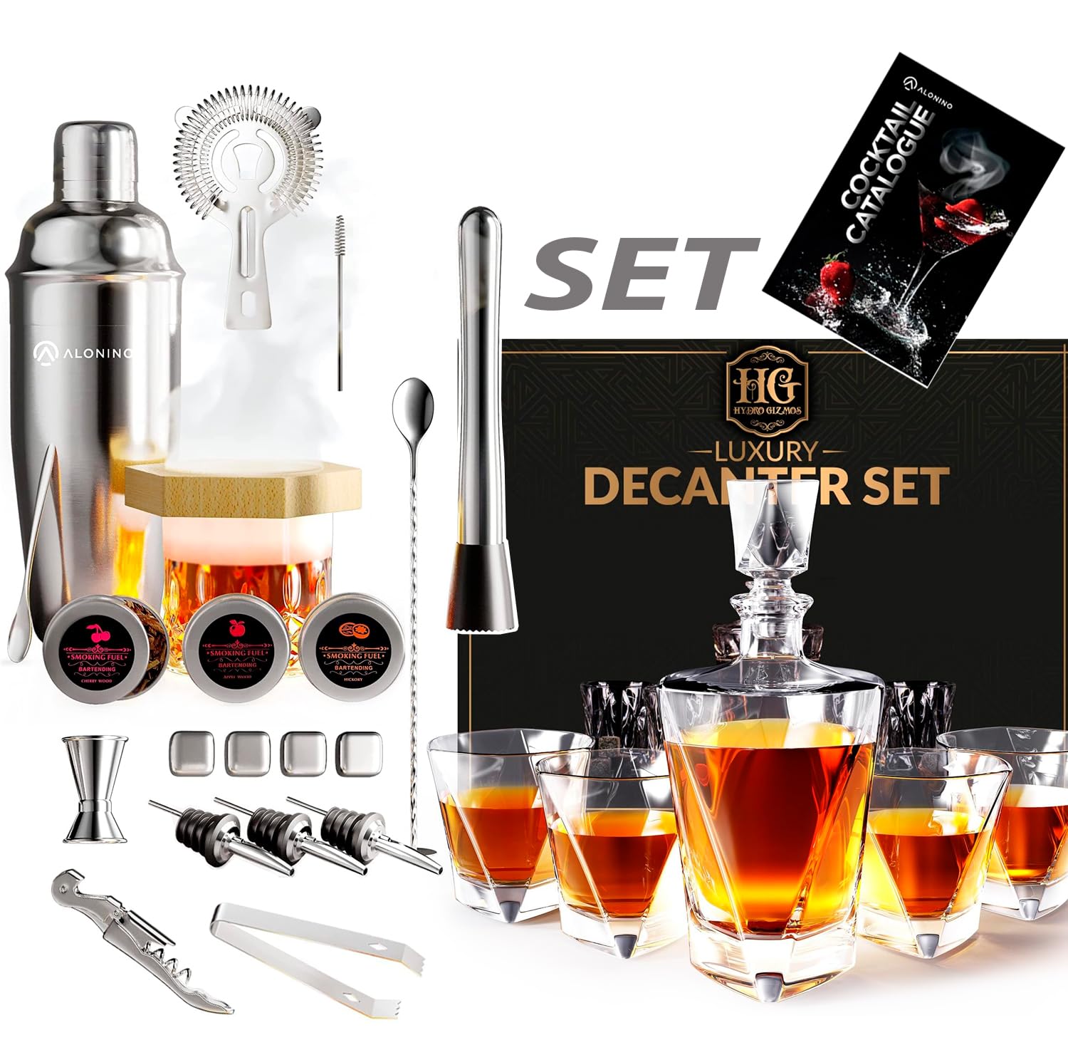 Whiskey Decanter Set for Men with 4 Glasses And Bartender Cocktail Kit & Smoking Kit For Whiskey Smoker Cocktails, Old Fashioned, Bourbon, Rum, Scotch - Whiskey Gifts for Men Dad Him
