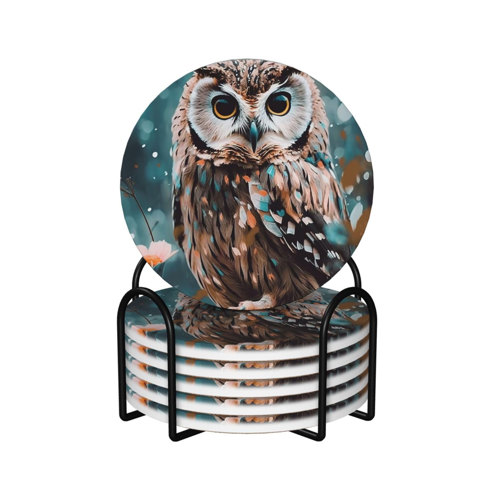 6Pcs Ceramics Coaster for Drinks, Animal Cute owl Cup Coasters with Holder, Aesthetic Drink Coasters for Coffee Table, Absorbent Round Coaster for Tabletop Protection 4" Cup Mat Pad