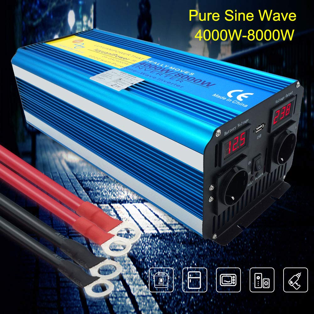 Przetwornica napięcia 4000W 12V 230V czysty sinus falownik pilot zdalnego sterowania 2 LED 2 gniazda i USB /8000W moc szczytowa