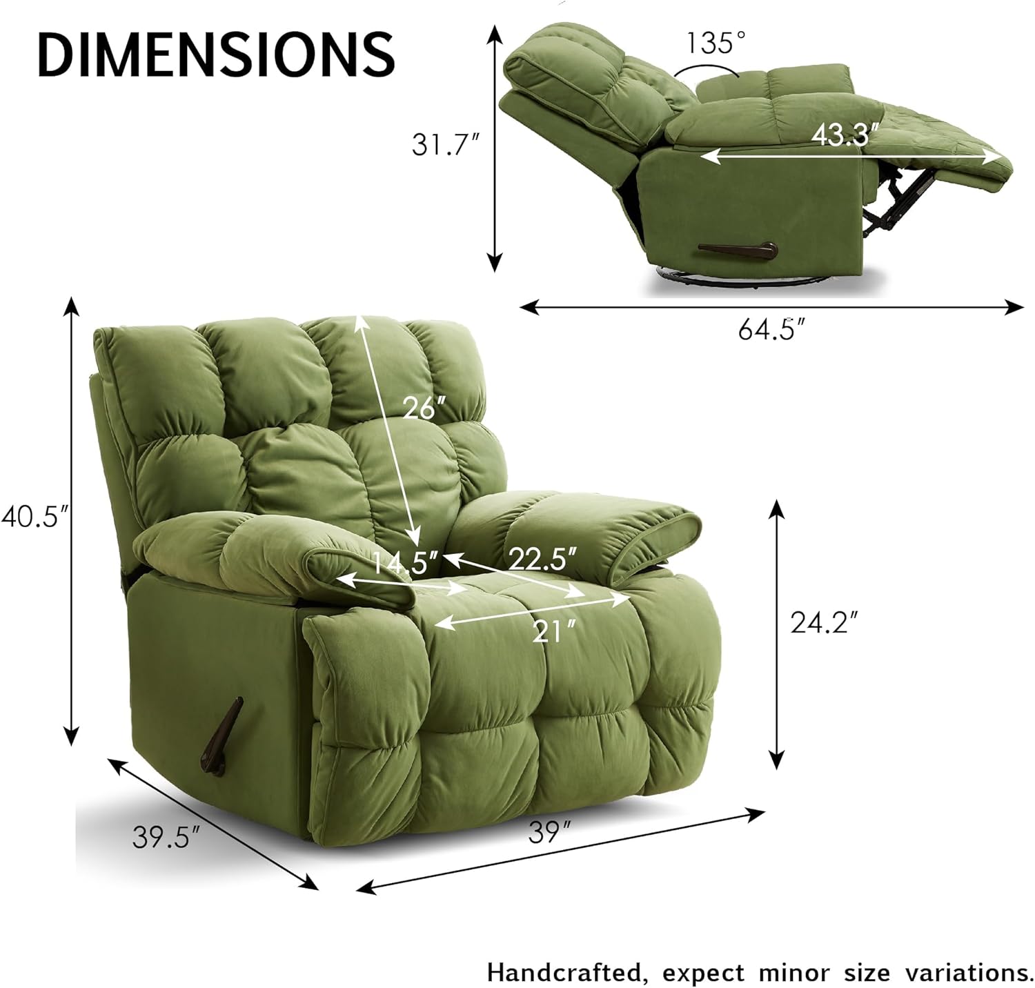 WoodWise Oversized Rocker Recliner Chair,Overstuffed Rocking Chair with Breathable Velvety Fabric, Soft Padded Headrest and Armrest, Manual Recliner Extra Large (Manual, Green..)