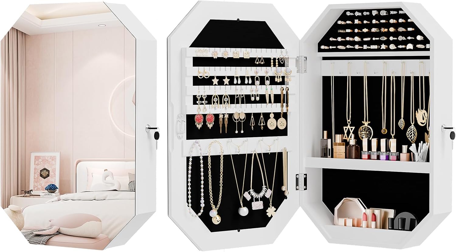 Bonnlo Diamond-Shaped Jewelry Armoire: Lockable Wall-Mounted Octagonal Organizer with Mirror for Space-Saving Storage