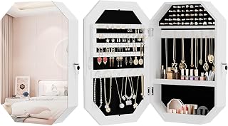 Bonnlo Diamond-Shaped Jewelry Armoire: Lockable Wall-Mounted Octagonal Organizer with Mirror for Space-Saving Storage