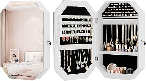 Bonnlo Armario de joyería moderno en forma de diamante, organizador octogonal con cerradura con espejo, montado en la pared para ahorrar espacio