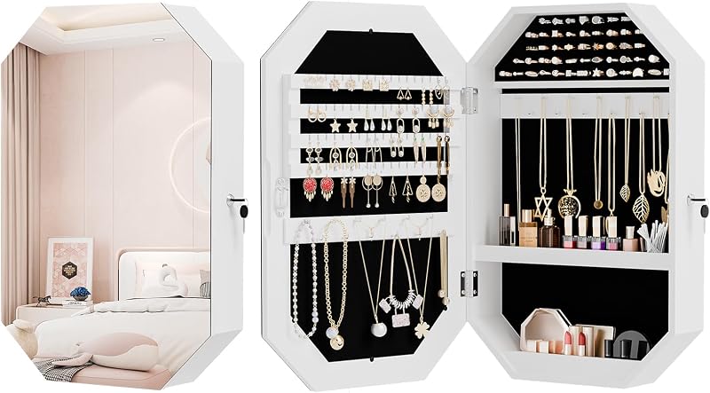 Bonnlo Armario moderno para joyería en forma de diamante, organizador octogonal con cerradura y espejo, montado en la pared para ahorrar espacio