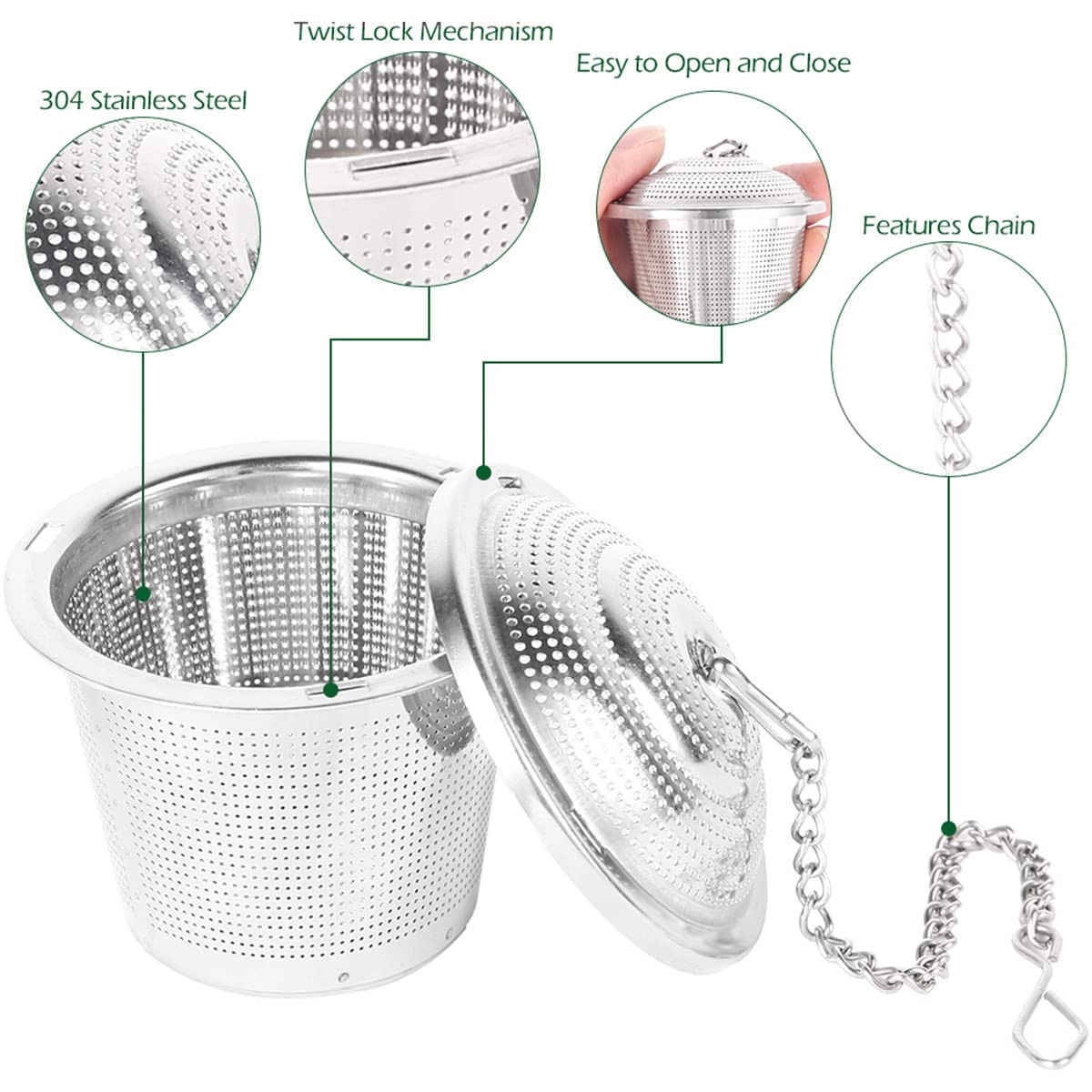 Filtre à Thé En Acier Inoxydable 304 Avec Chaîne - 4 Pièces Maille Fine - Infuseur Pour Tasse Ou Théière - Lavable Facilement - Cadeau Thé