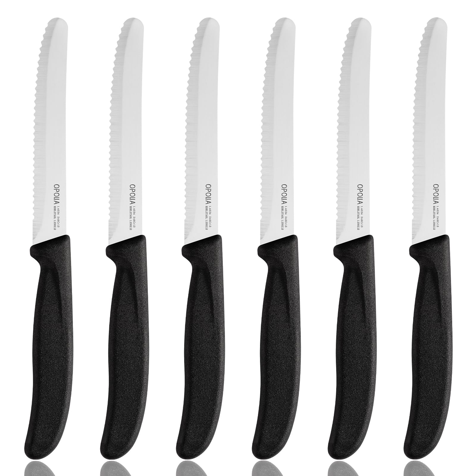 OPOLIA Small Serrated Kitchen Knives Set of 6, Sharp Stainless Steel Tomato Knife, Dinner Knife, Utility Knives, Ergonomic Handle Paring Knives for Vegetable and Fruits, 10cm, Dishwasher Safe, Black