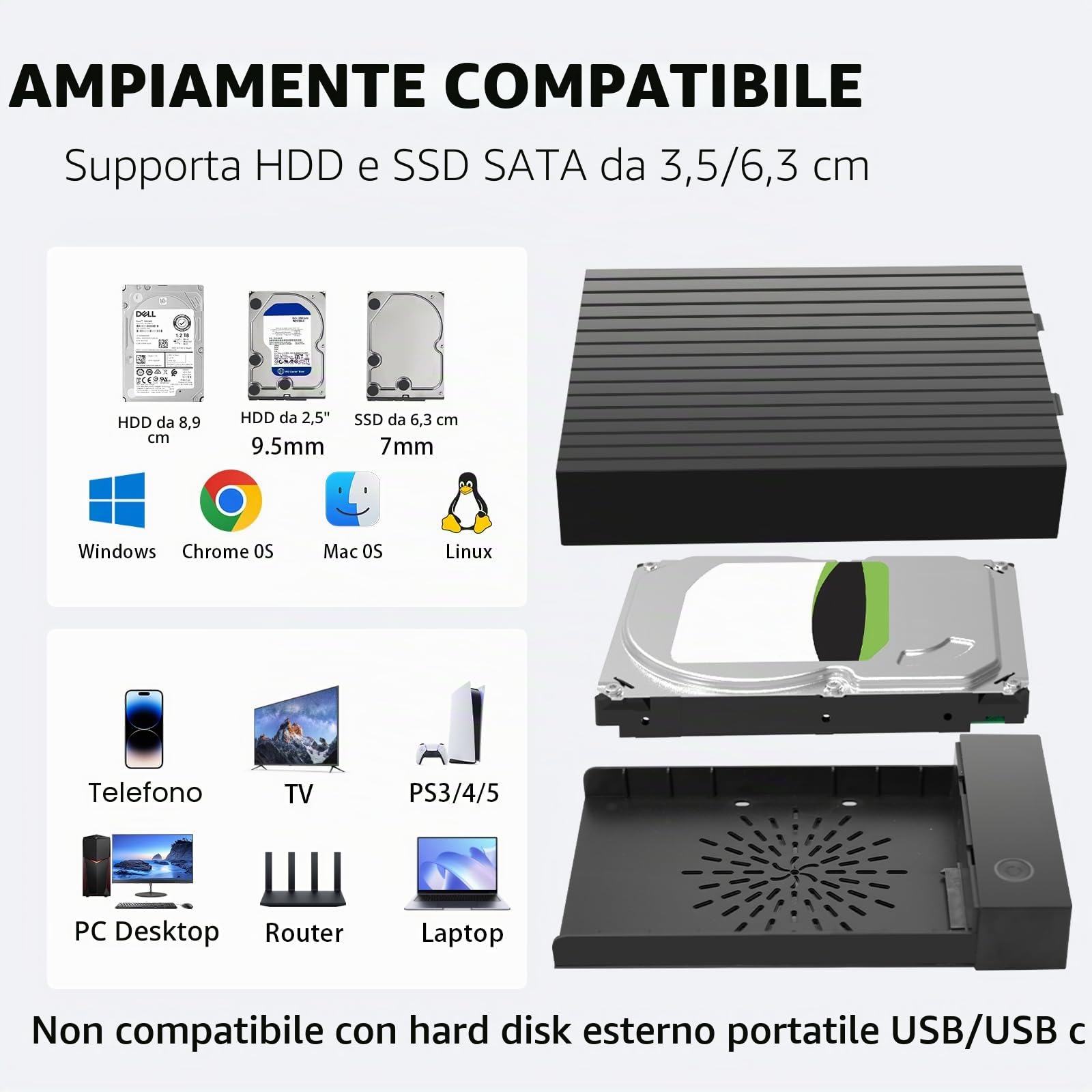6Gbps Docking Station SSD Hard Disk Esterno HDD 2.5 o 3.5 pollici, USB 3.0 SATA HDD Adattatore per Dischi Rigidi SATA HDDSSD da 2,5/3,5 Pollici con Alimentatore da 12 V/2 A, UASP