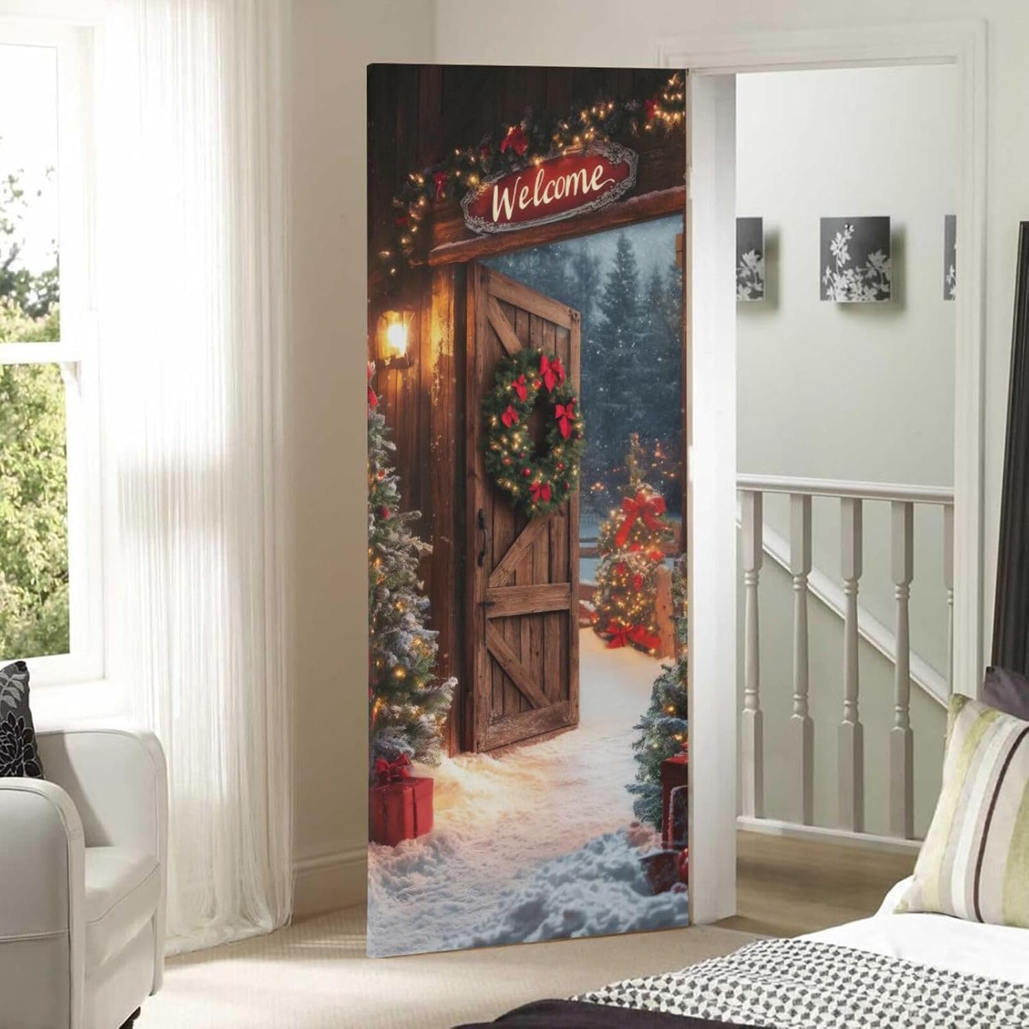 Burbuja Welcome Christmas Door Door Cover, Stretch Fabric Backdrop Door Porch Covers for Home Party Holidays Decoration, 35x79 In