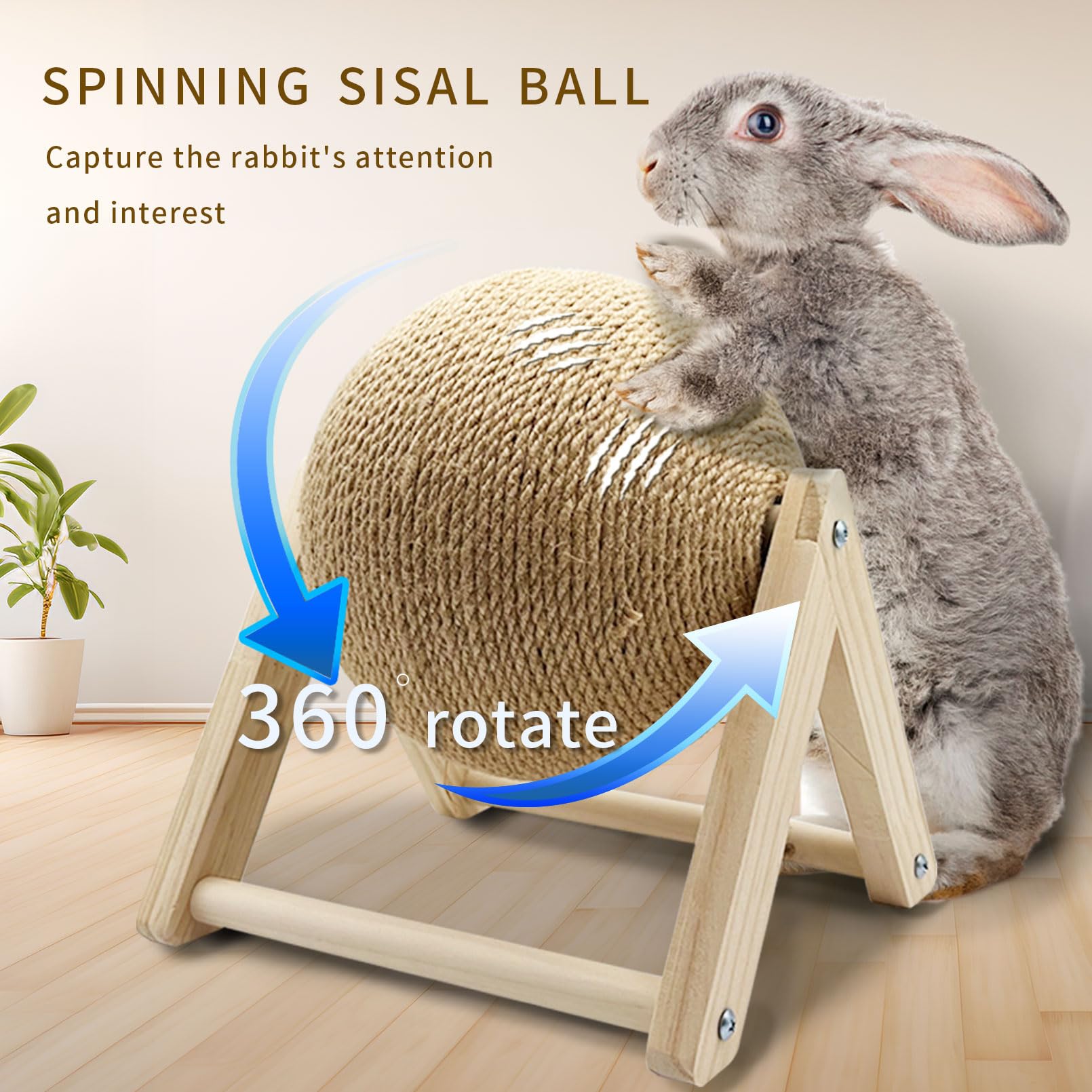 Hasenkratzspielzeug, Kaninchenspielzeug für Kaninchenkrallenkratzer, natürlicher Sisal, Haustier-Kratzball, Holz, kleine Tiere, Langeweile, Breaker für Innenfrettchen, Chinchillas (klein)