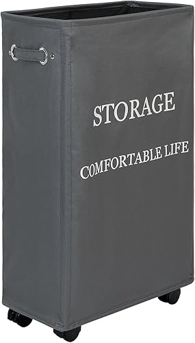 Miniatura 1 de Maxsilan Cesta de lavandería delgada de 25 pulgadas con ruedas, cesta plegable de esquina estrecha de 50 litros con bolsillo, contenedores de