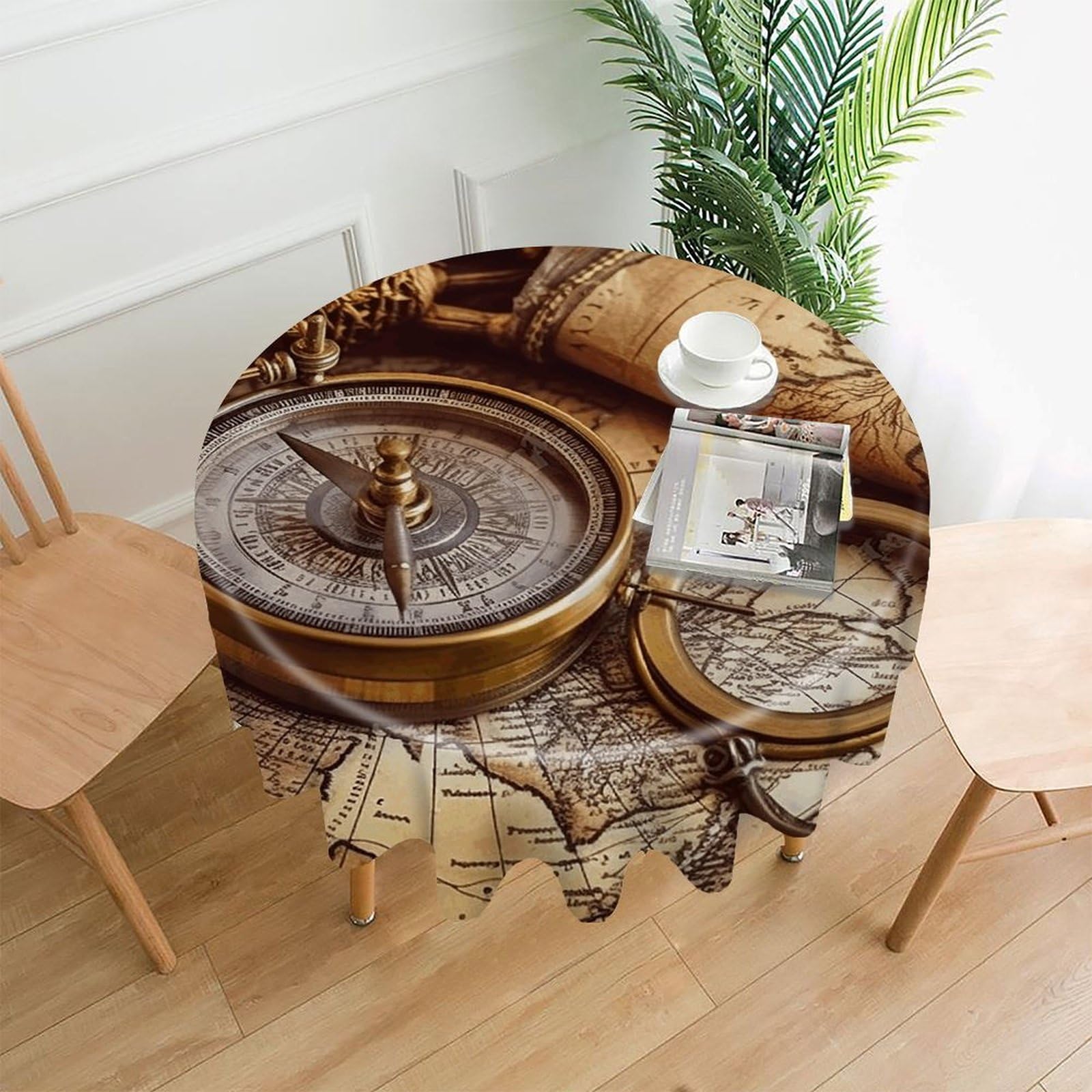 VstaDank Compass and Old World Map Tablecloth Easy to Clean Polyester Round Table Cover Washable Round Table Cloth Wrinkle-Free Circle Decoration Tablecloth for Kitchen Dining Room 60"