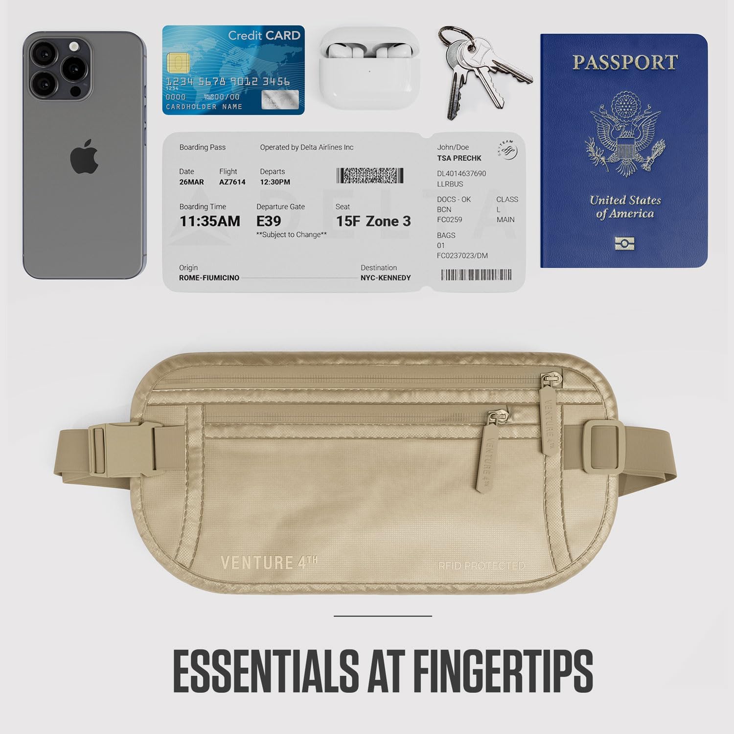 VENTURE 4TH Money Belt for Travel – Hidden Under-Clothes RFID Blocking Passport Holder & Slim Travel Wallet Pouch for Men & Women to Protect Cash, Cards & Documents (Sleek Beige) - Image 7