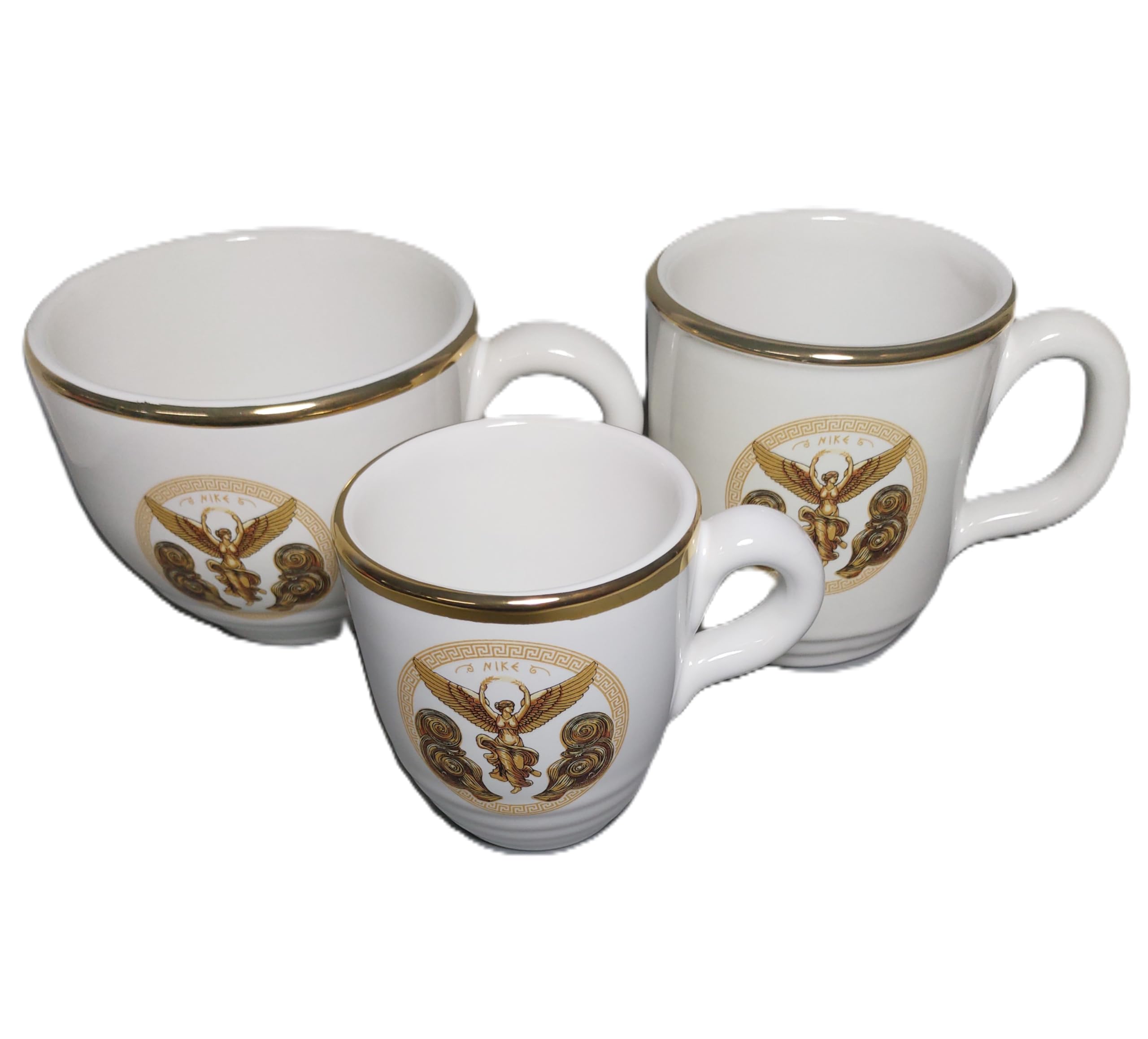 Set di 3 tazze colore bianco con antico tema Vittoria alato greco