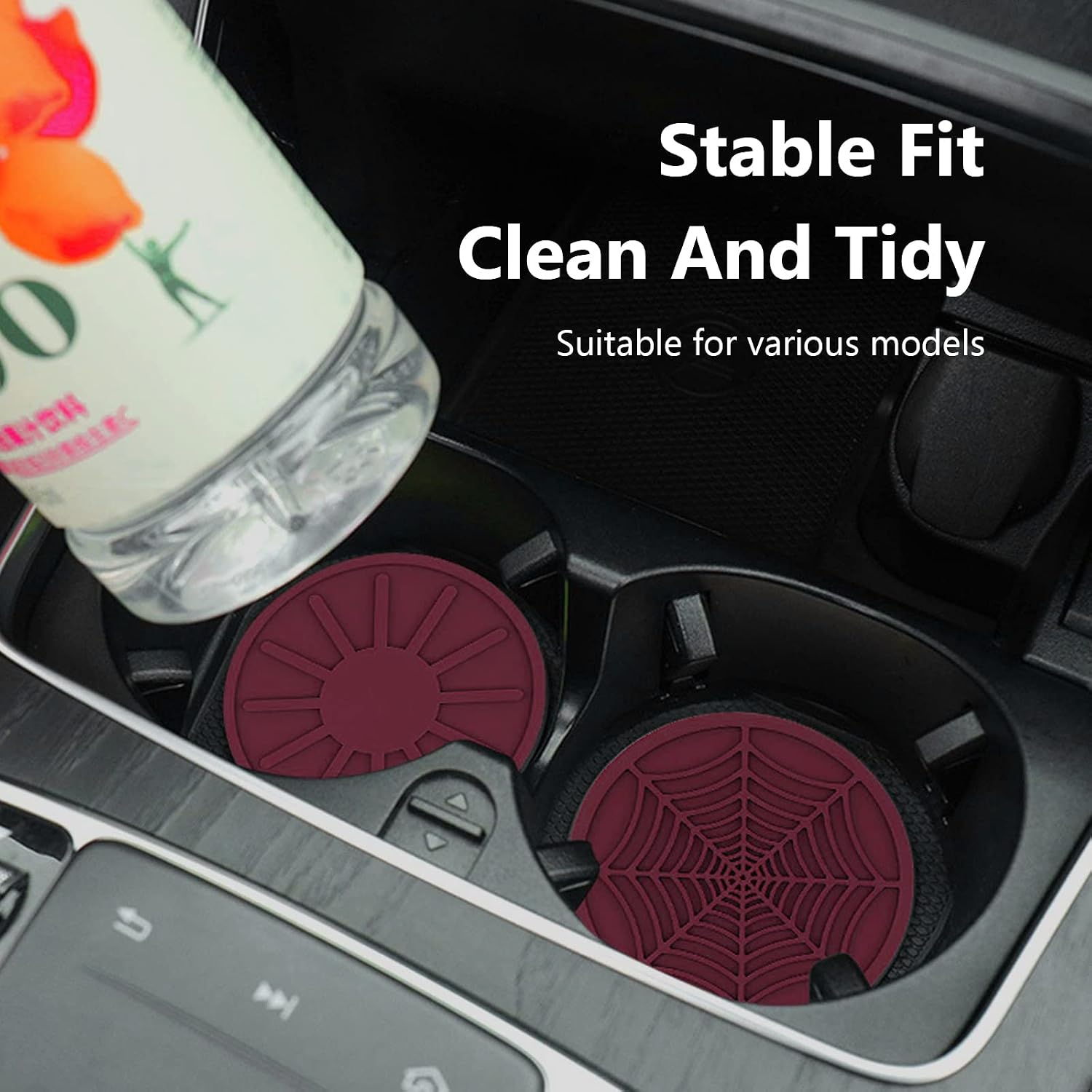 cueclue 4 PCS Car Coasters Cup Holder, 2.67 inch Silicone Anti Slip Cup Mat for Car Cup Holder, Sun Dot Spider Stripe Design Auto Coasters Automotive Interior Accessories (Wine Red)