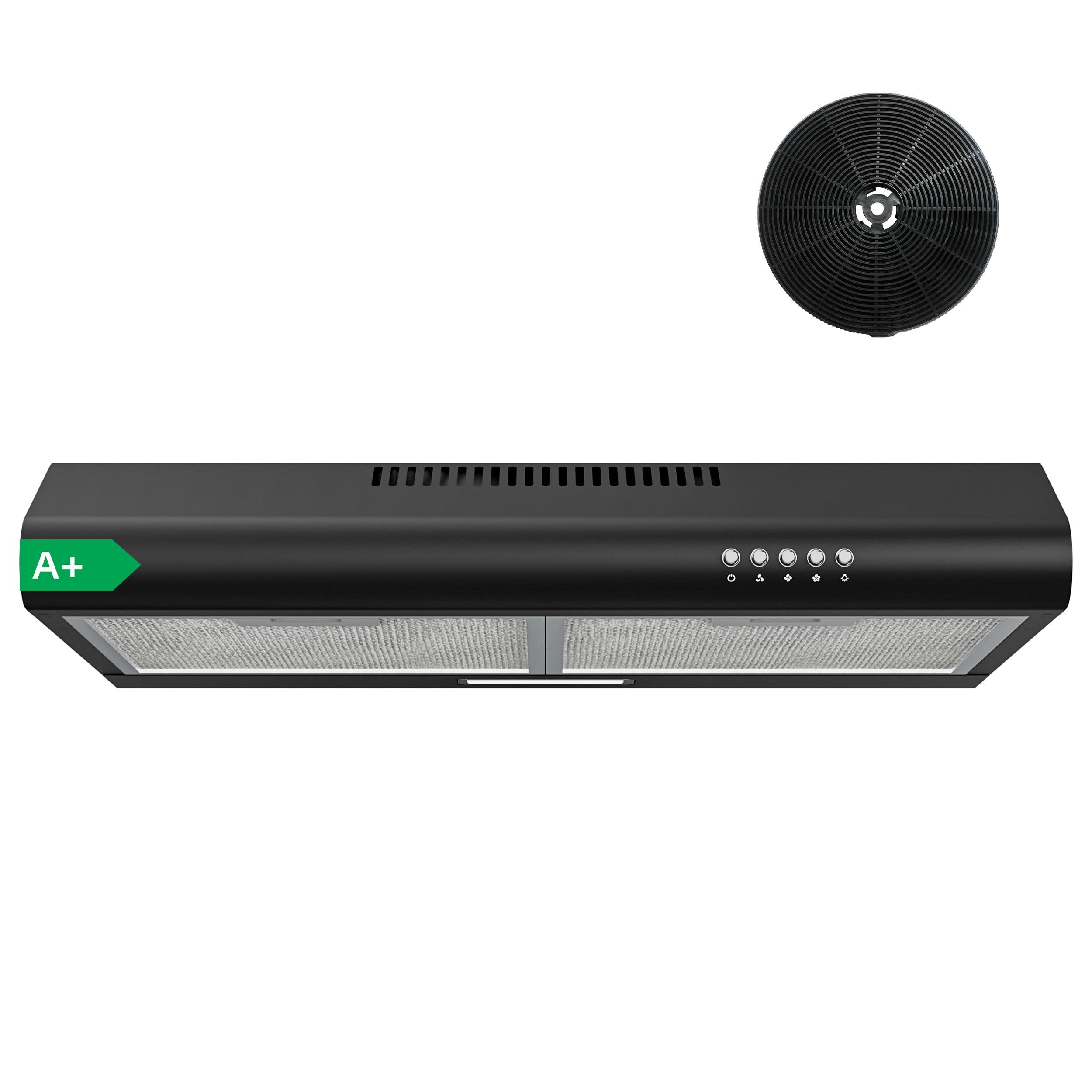 FIREGAS 60cm Black Cooker Hood, 250m³/h Kitchen Extractor with Push Button Control, 3 Speeds, Quiet Brushless Motor, A+ Energy Rating, LED Light, Ducted or Recirculation - 2