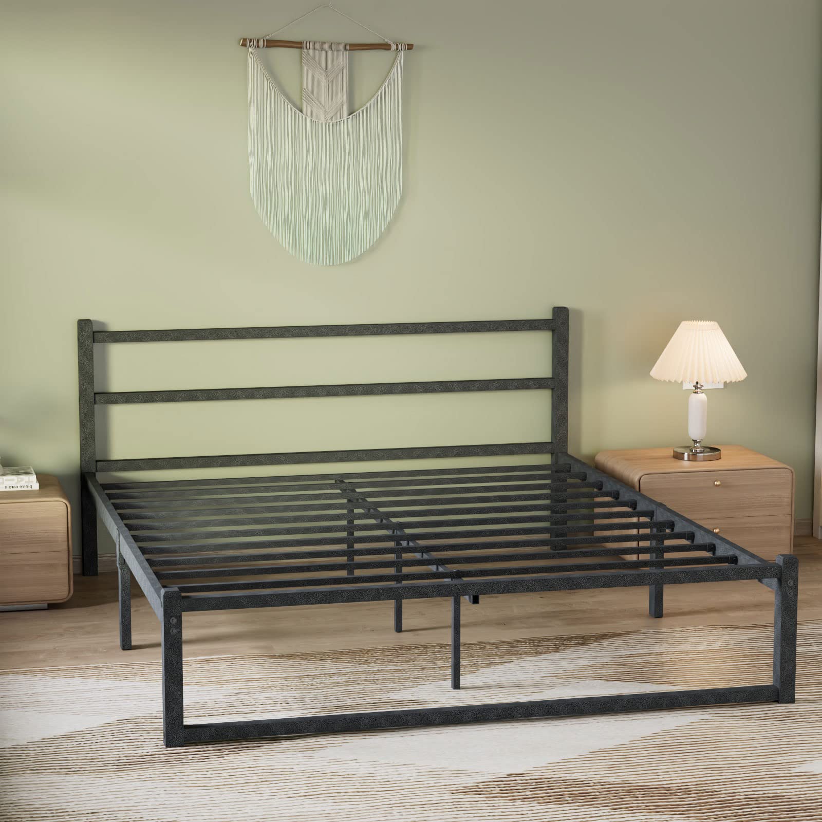 Noillats Queen Size Bed Frame, Heavy Duty Metal Platform Bed Frame with Headboard, 10" Under Bed Storage Space, No Box Spring Needed, Gray Black.