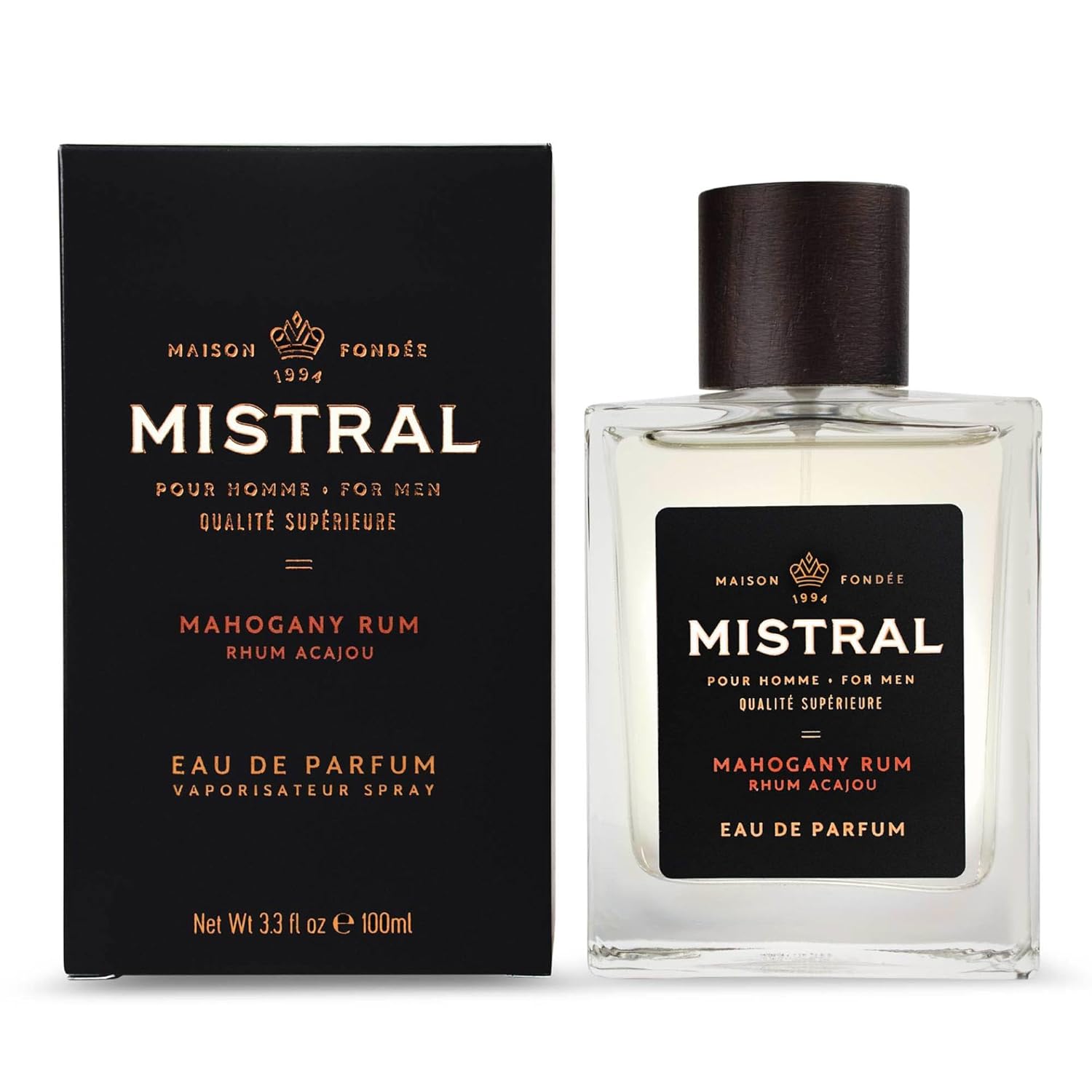 Mistral Men’s Cologne – Mahogany Rum Eau de Parfum | Warm, Spicy & Earthy Masculine Fragrance with Patchouli, Amber & Cedarwood | Cruelty-Free & Long-Lasting Perfume for Men, Made in France - 3.4 Oz