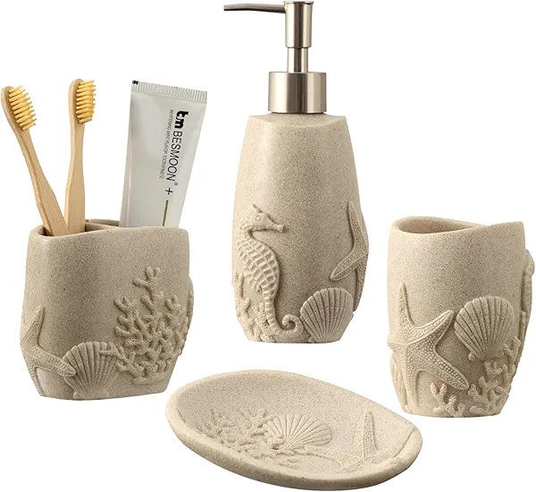 Haocoott Bathroom Accessories Set, 4 PCS Bathroom Accessory Sets with Soap Dispenser, Toothbrush Holder, Tumbler, Soap Dish, Bathroom Countertop Organizer, Sea Bathroom Decor (Beige)