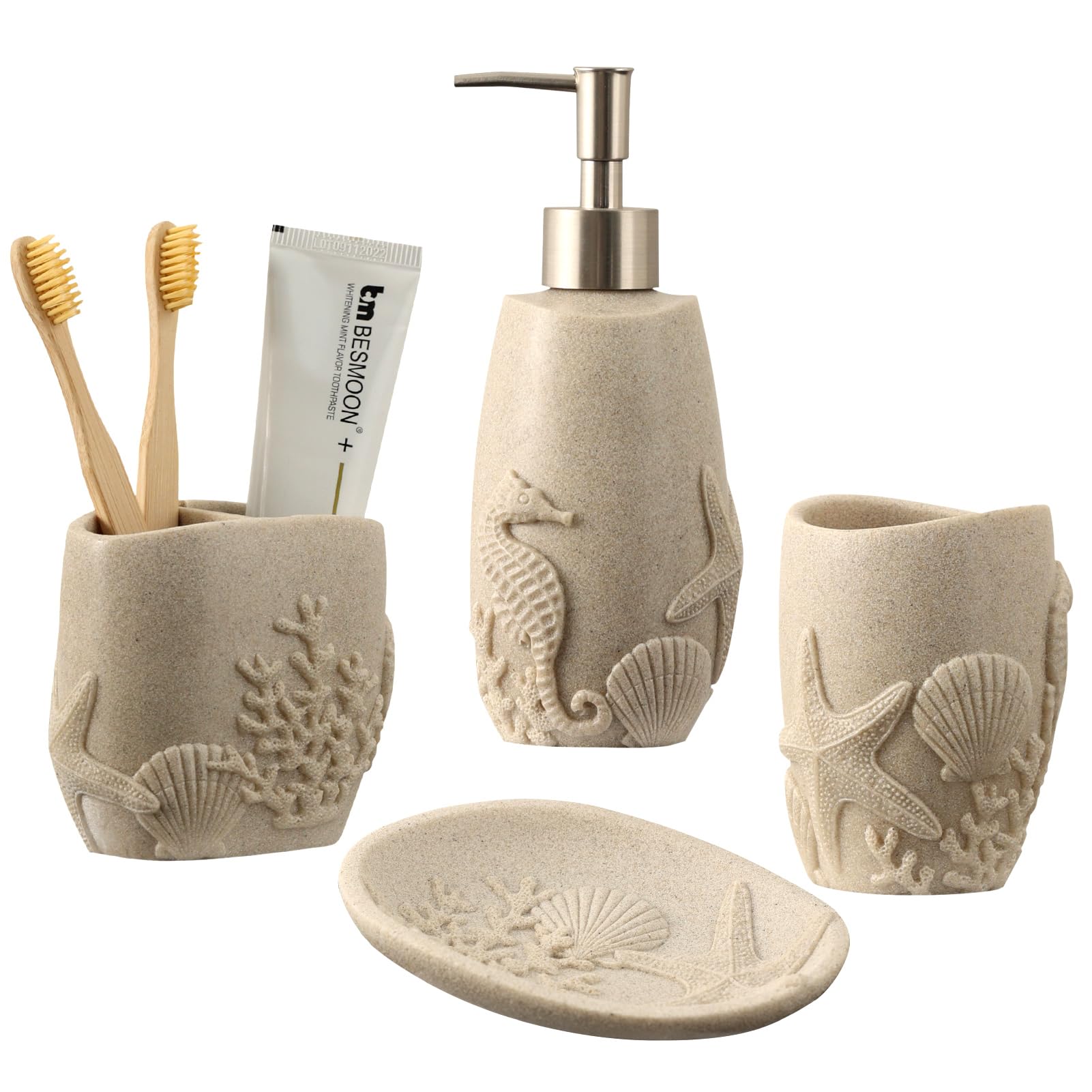 Juego de accesorios de baño, 4 piezas de accesorios de baño con dispensador de jabón, soporte para cepillos de dientes, vaso, jabonera, organizador de encimera de baño, decoración de baño de
