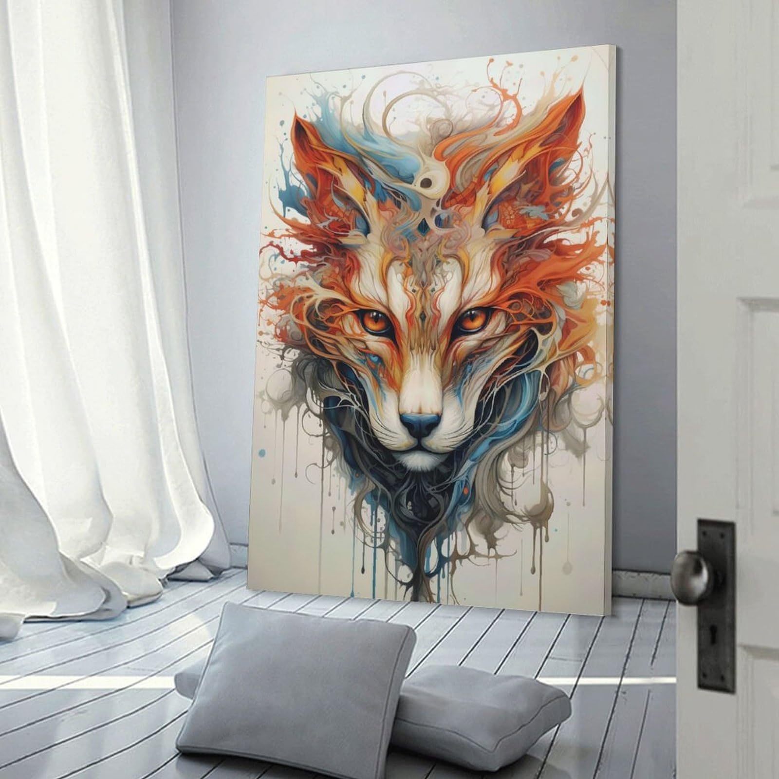 Junmoney Abstract Fox Portrait with Watercolor Effect Wall Art Print, 12x18inch(30x45cm), for Entryway, Lounge Links Or Small Walls, Decorative Wall Art for Narrow Spaces