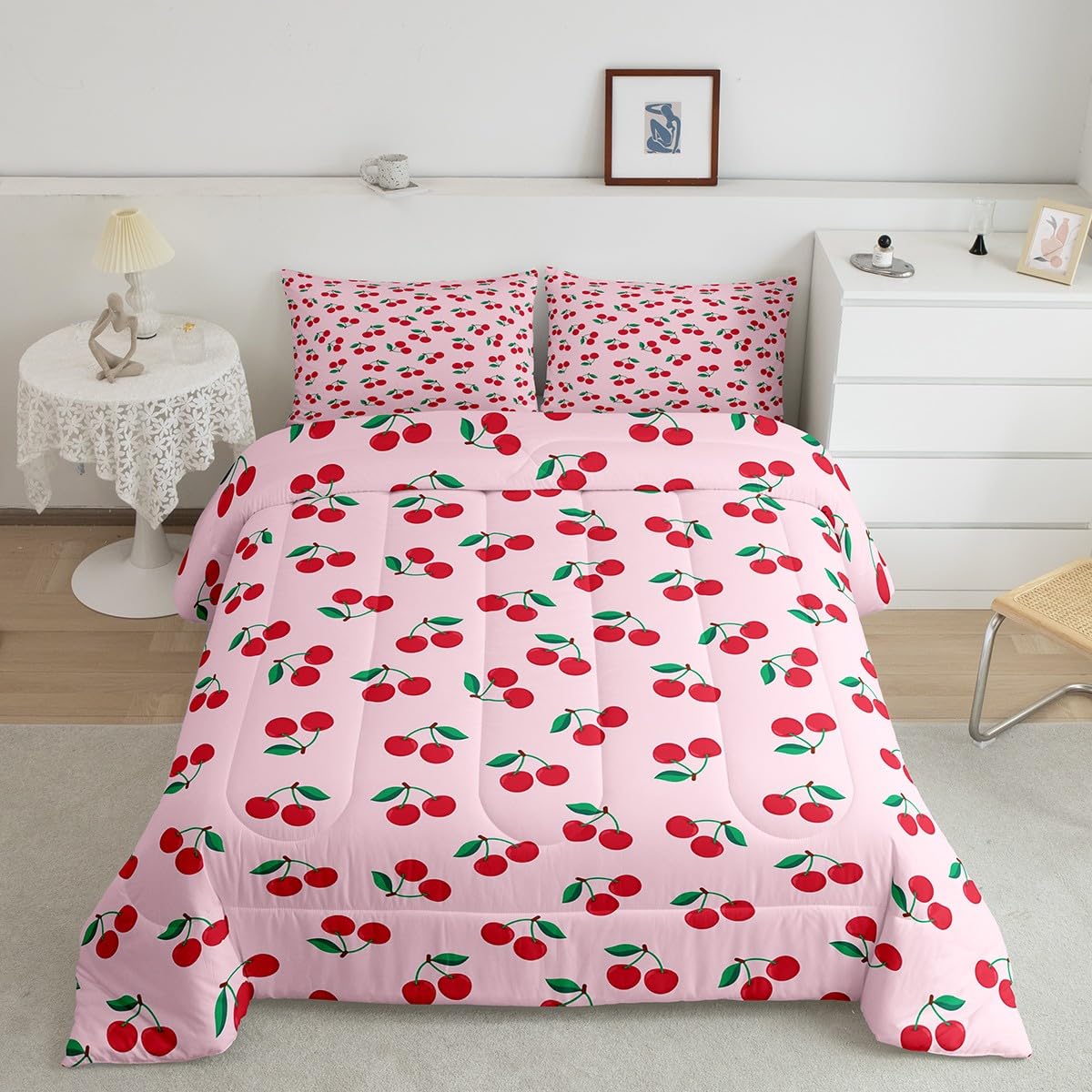 Feelyou Cherry Bedding Set Queen Size Pink Cherry Comforter Set for Kids Boys Girls Decor Summer Fruit Comforter Microfiber Cute Fruit Duvet Set Bedroom Quilt Set