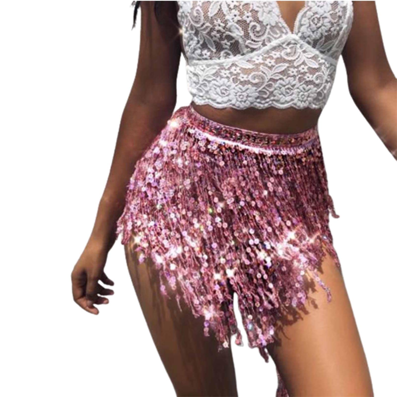Yienate Sexy Fringed Sequin Skirt Belly Dance Hip Skirt Tassel Scarf Beach Sparkle Wrap Summer Rave Costume for Women and Girls Pink