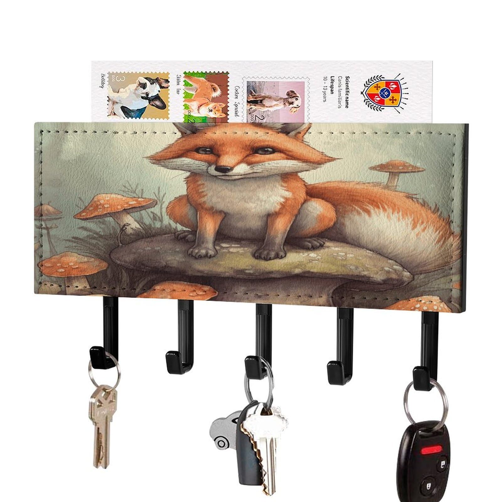 FekiLoot Fox in The Woods Key Holder Wall Mount Key Hanger with 5 Hooks Decorative Key Rack Hanging Key Hooks with Mail Organizer Key Holder for Wall Living Room Kitchen Bathroom Hallway Black