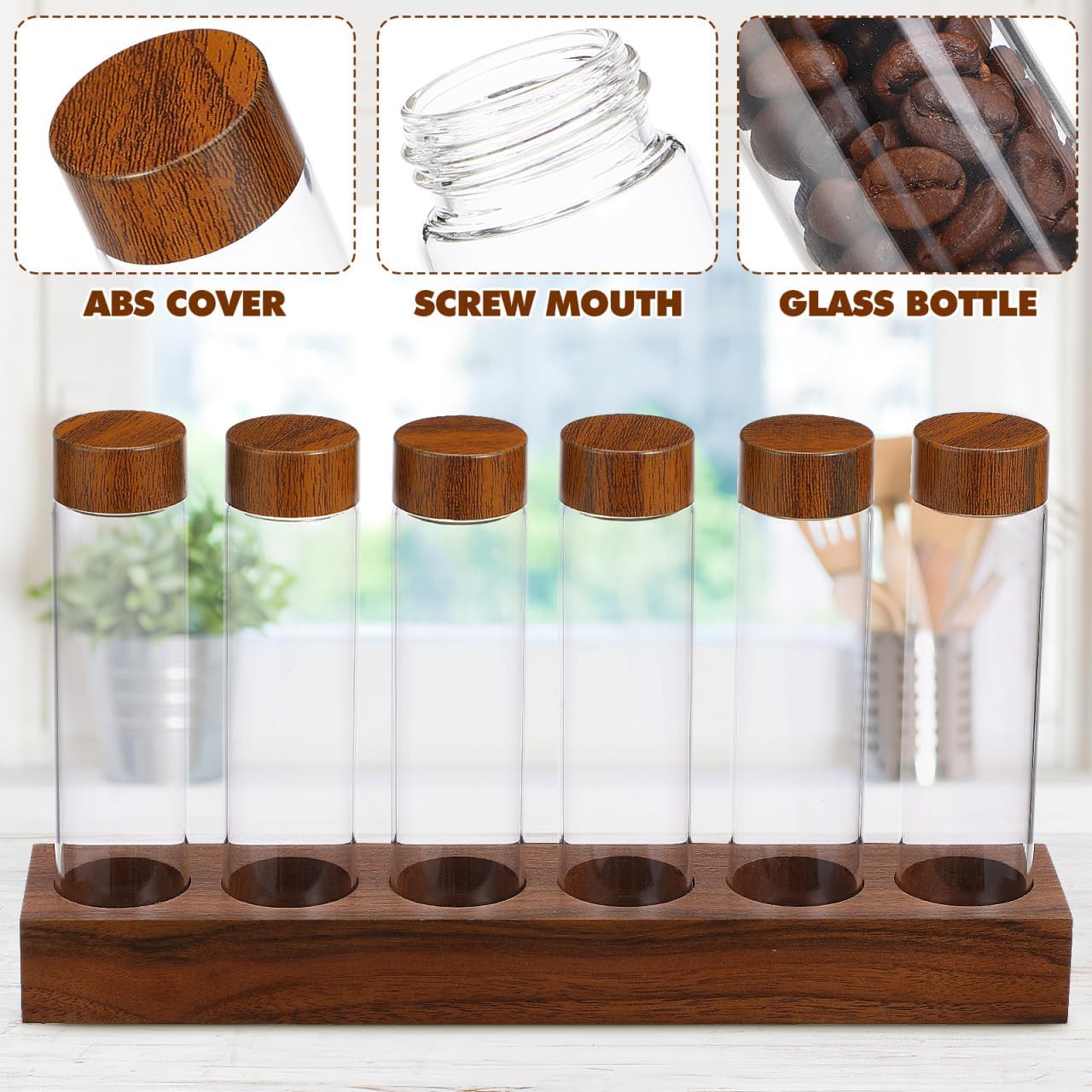Hemoton Coffee Bean Storage Tubes 6 Pack with Airtight Lids and Wooden Display Stand Glass Vials for Fresh Coffee Bean Preservation and Aroma Display 0.64Oz Capacity Each