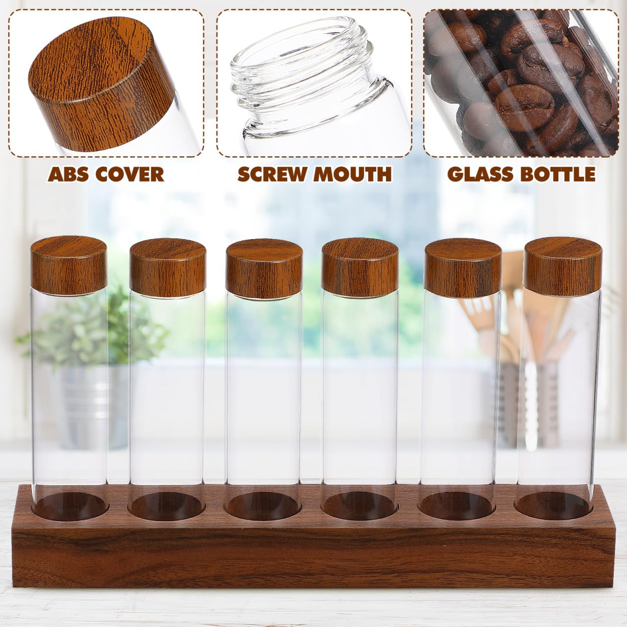 HEMOTON Juego de tubos de ensayo de vidrio con tapones de plástico y estante de madera, contenedor de granos de café de vidrio, mini tarros de vidrio para laboratorio, recuerdos de fiesta, dulces,