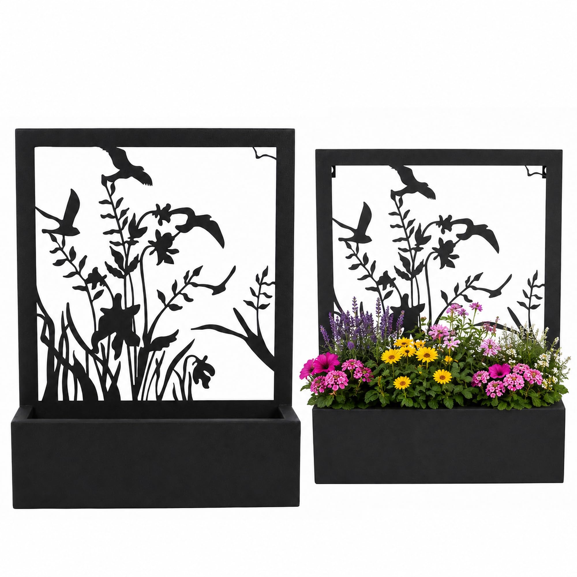 UNUS Metall Blumenkasten 2er Set schwarz Blumen & Vögel