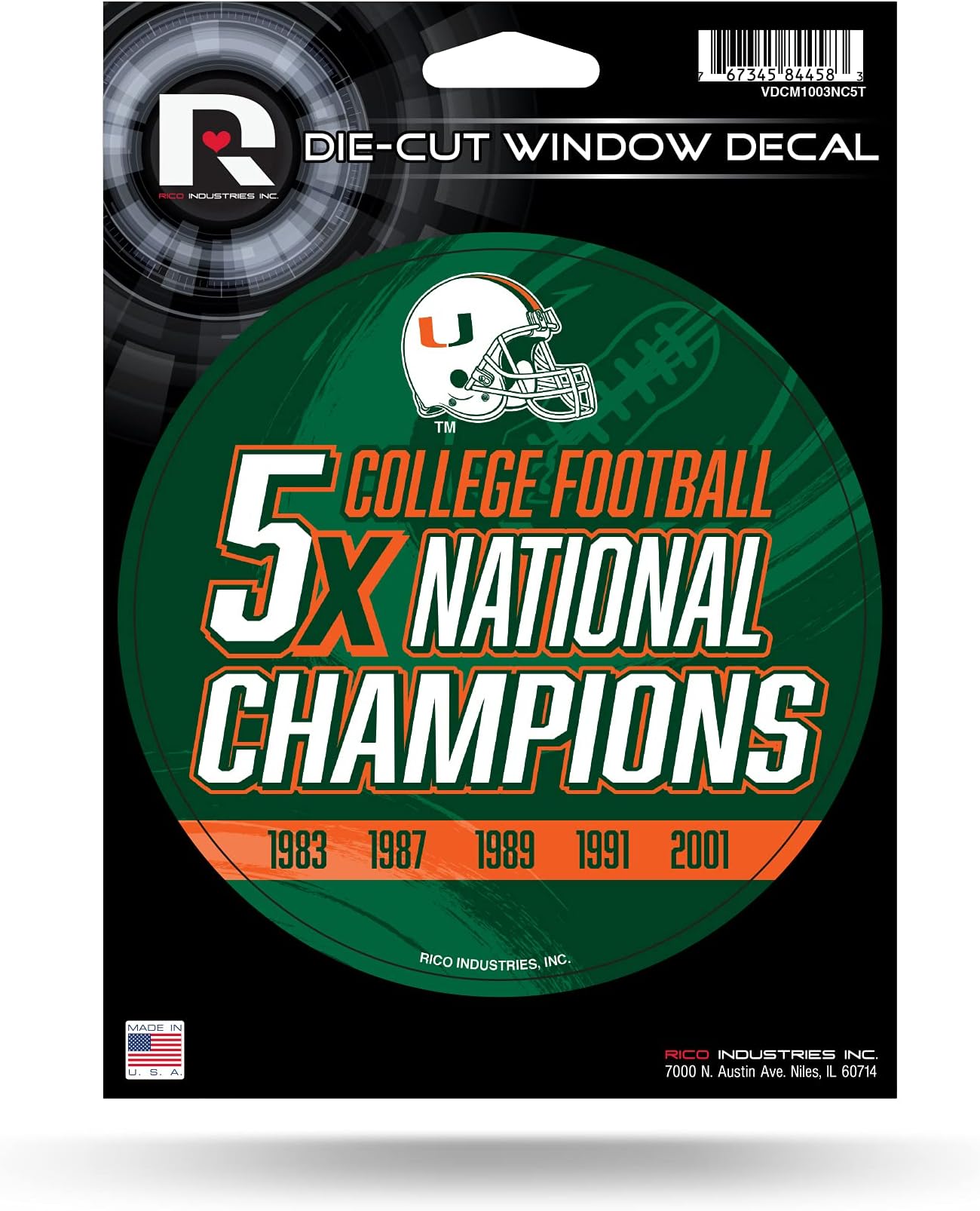 Rico Industries NCAA Miami Hurricanes 5-Time Football Champions Die Cut Vinyl Decal