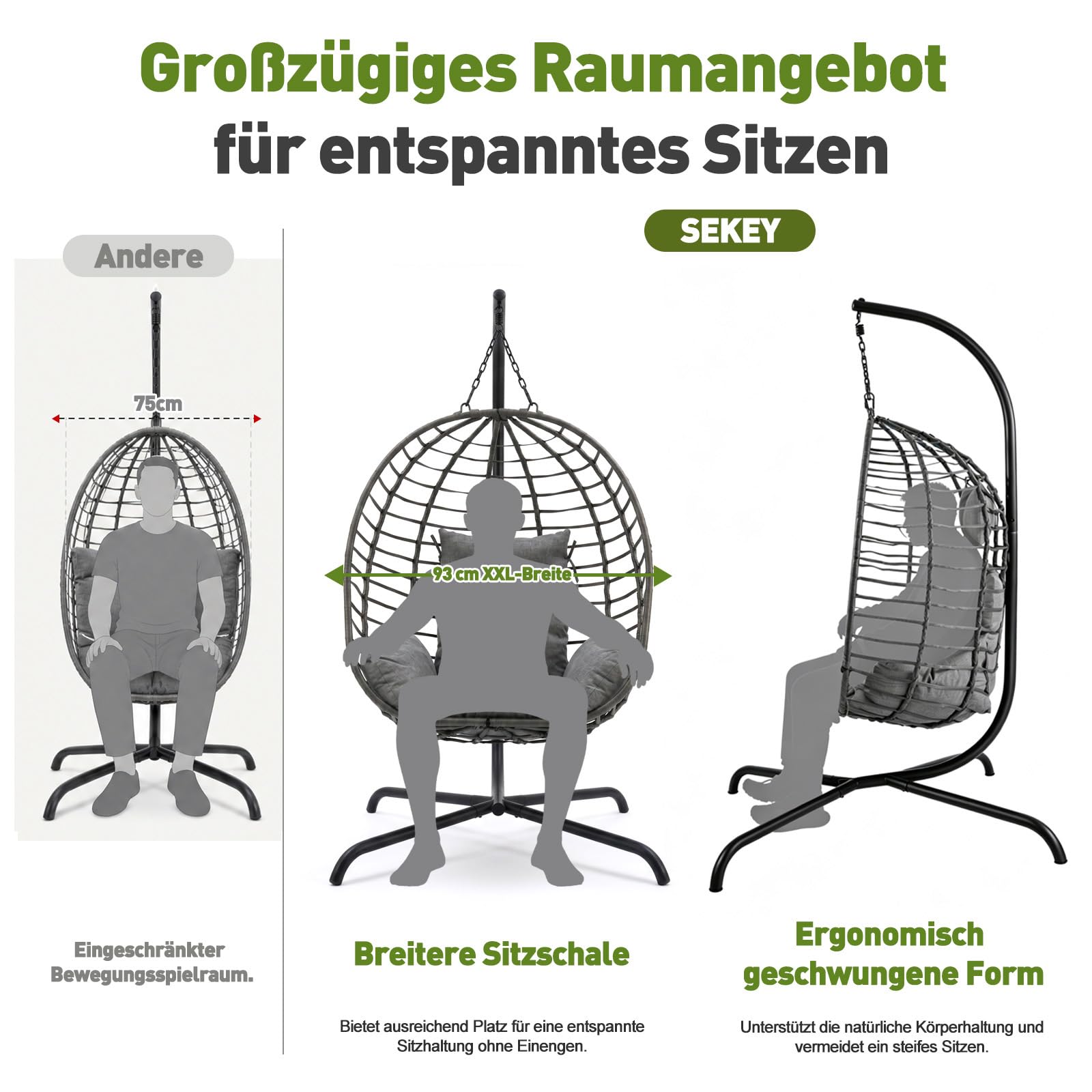 Sekey XXL Hängesessel mit Gestell, 93 cm Breiter Hängekorb mit Dickem Kissen (2 kg), bis 150 kg, Faltbarer Sitzkorb, 2-Punkt-Aufhängung & Kippsichere X-Basis, für In- & Outdoor, Balkon, Garten