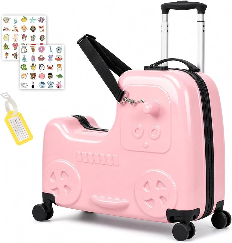 22" Kids Ride-On Suitcase with Safety Strap, Multifunctional Kids' Luggage with Double Spinner Wheels, Durable and Lightweight for Boys and Girls Ages 2-10（Pink）