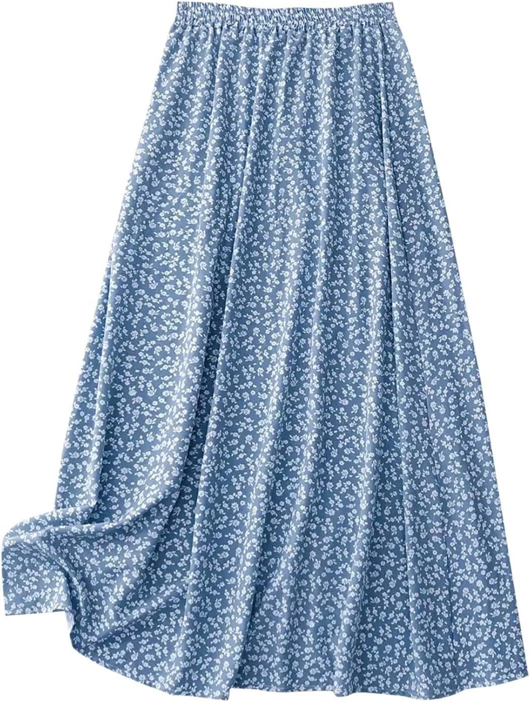 Long Skirts for Women Elastic High Waist A Line Skirt Casual Flowy Skirt Summer Fall Floral Boho Skirts Cute Outfits