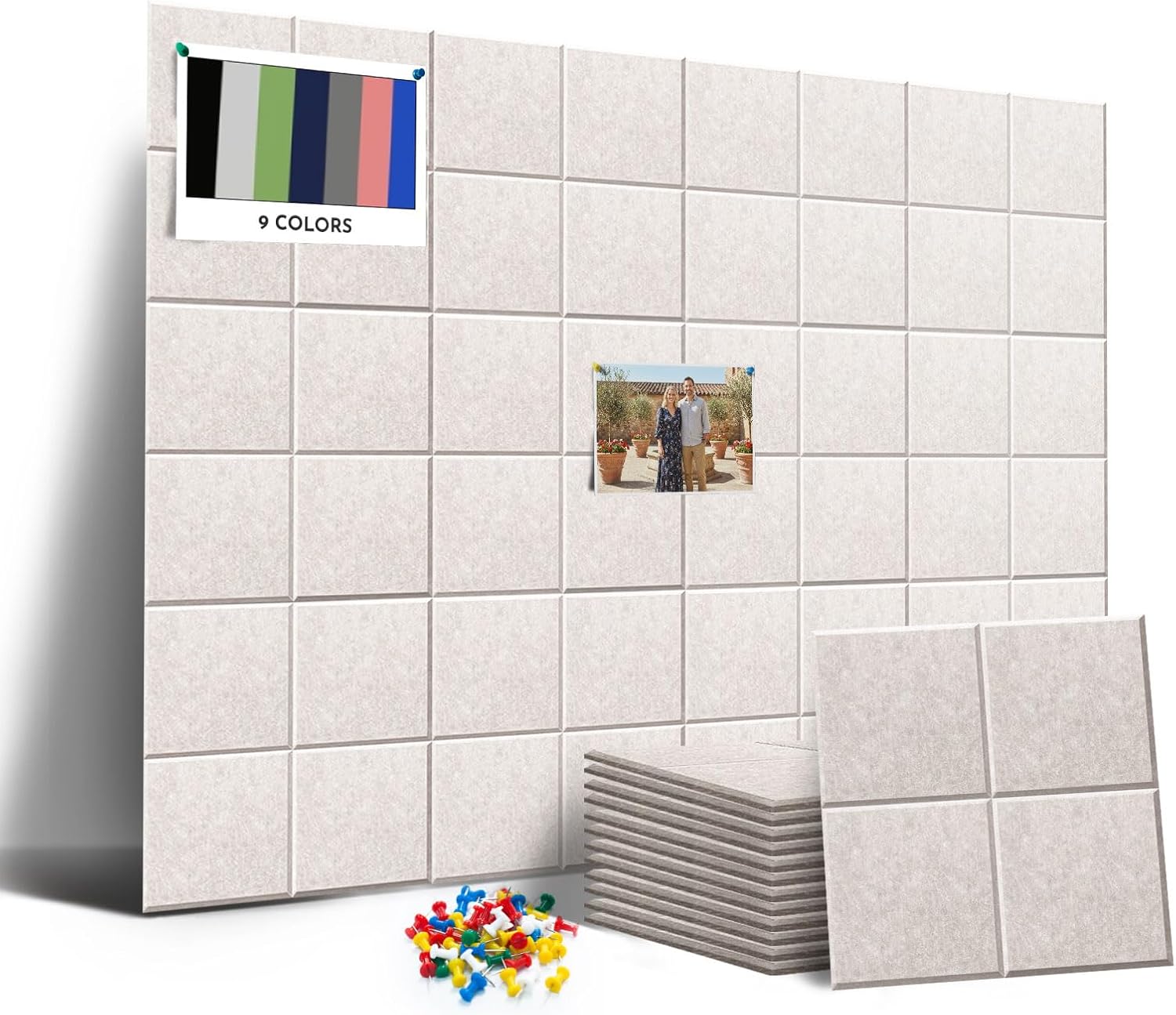 MISSDAY Oatmeal Acoustic Wall Panel Felt Bulletin Board 48" x 36" Cork Board for Wall, 12-Pack Boards with 72 Removable Adhesive Tabs, 50 Pins, Pin Board for Home Office Classroom Soundproof Wall Tile