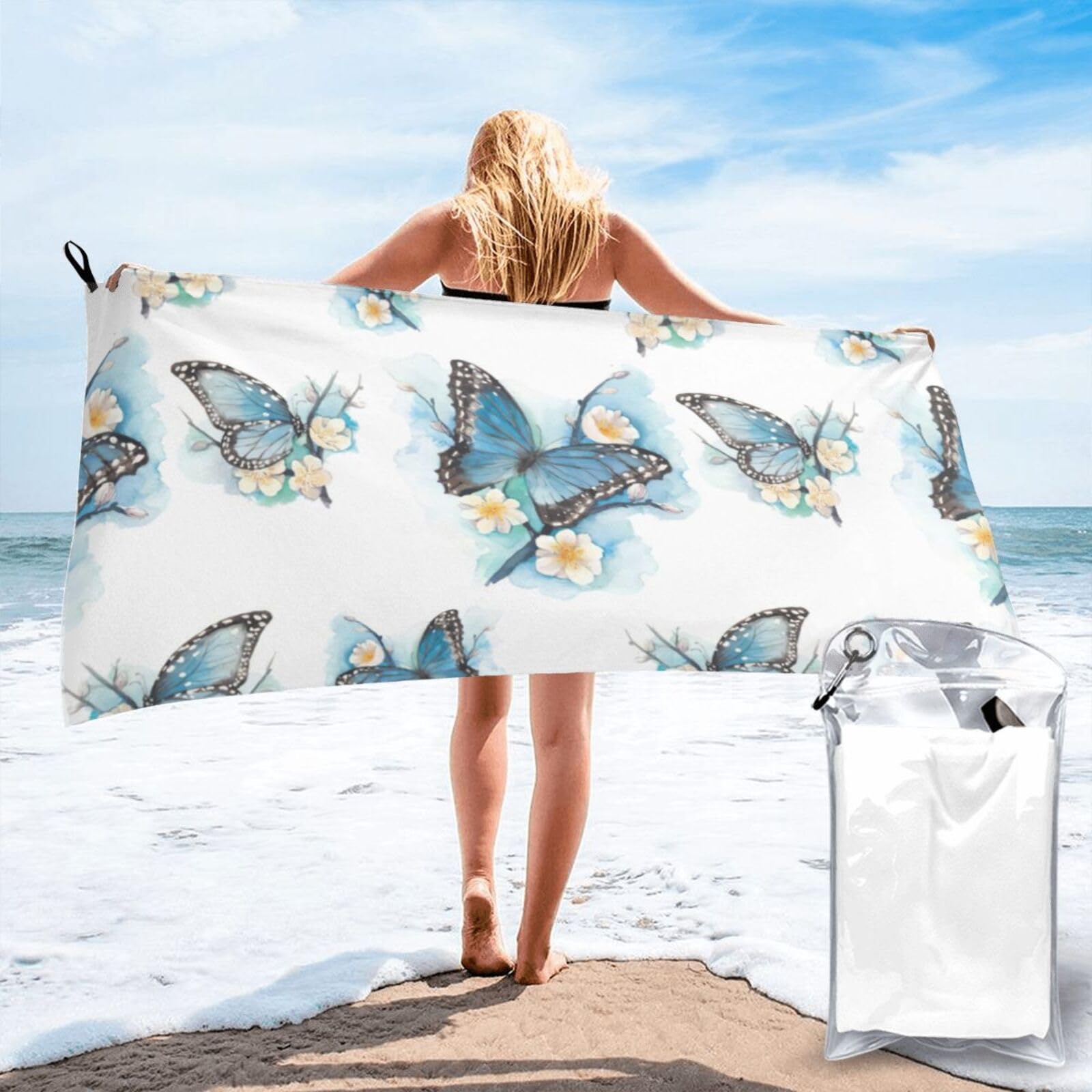 Serviette de bain à séchage rapide motif papillons bleus drap de bain de natation