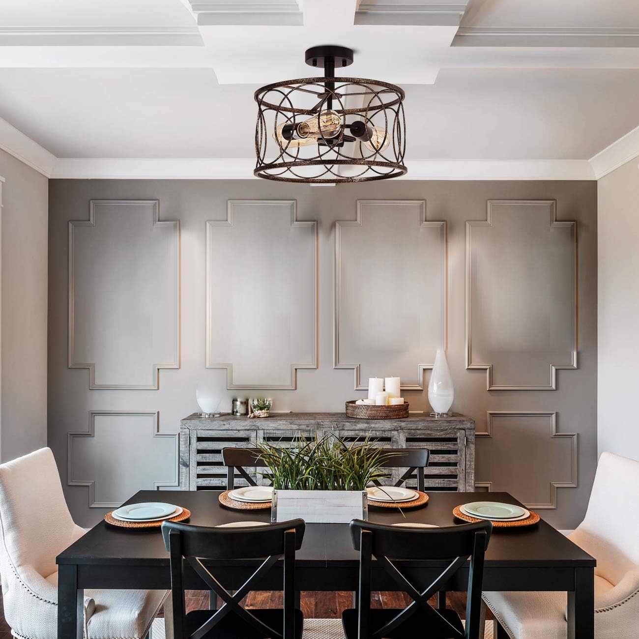 New Product Sophisa Vintage Semi Flush Mount Ceiling Light Fixtures Industrial Rust Finish Metal Cage Chandeliers for Living Room Dining Room Bedroom Kitchen Reading Room.