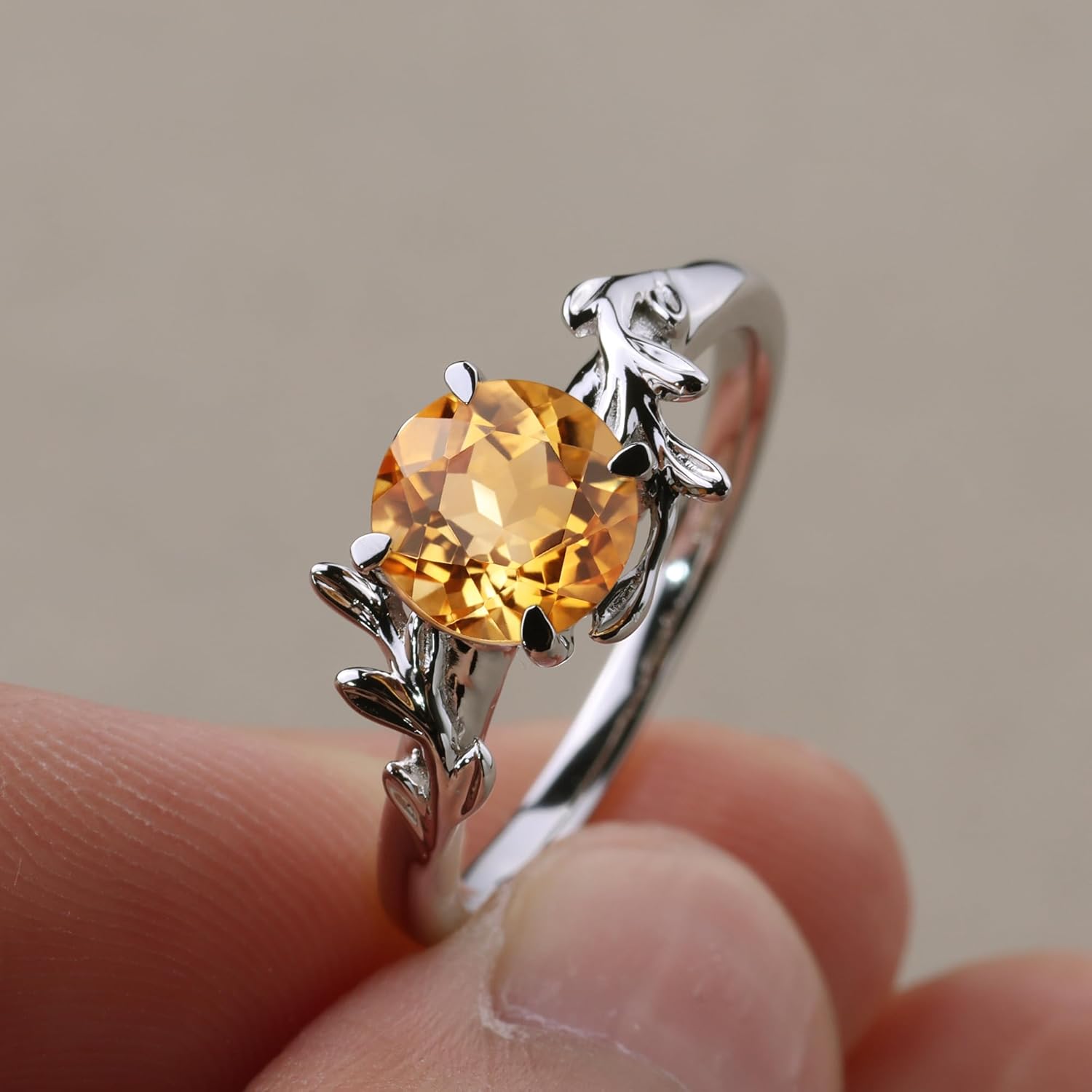 LUO 925 Sterling Silver Rings 7MM Round Shaped Gemstone Engagement Rings with Leaf Design Promise Rings for Her Birthday Christmas Valentine's Day Jewelry Size 3-13