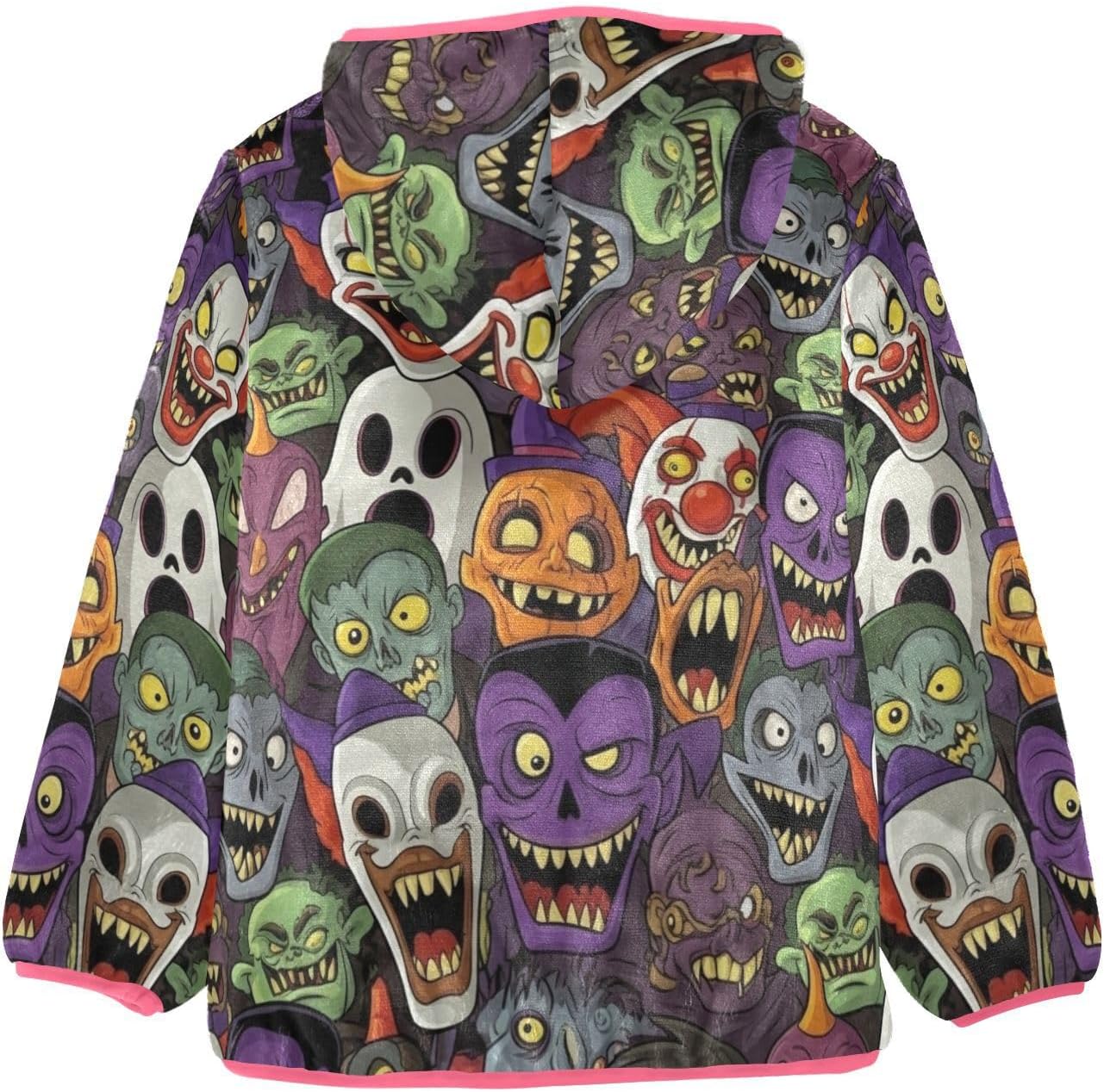 GuoChe Spooky Monsters Pattern Fleece Zip Up Jacket Children Plush Outerwear